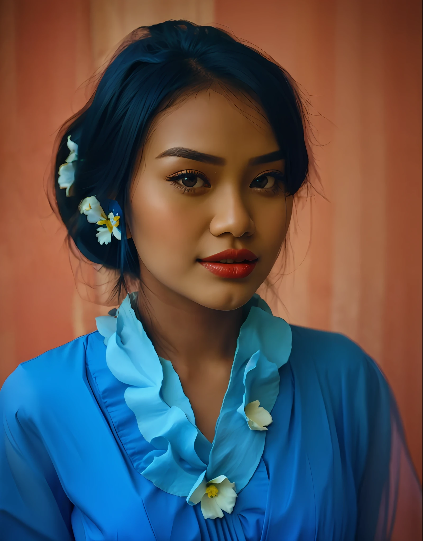 a close up of a Indonesian woman in a blue dress with a flower in her hair,