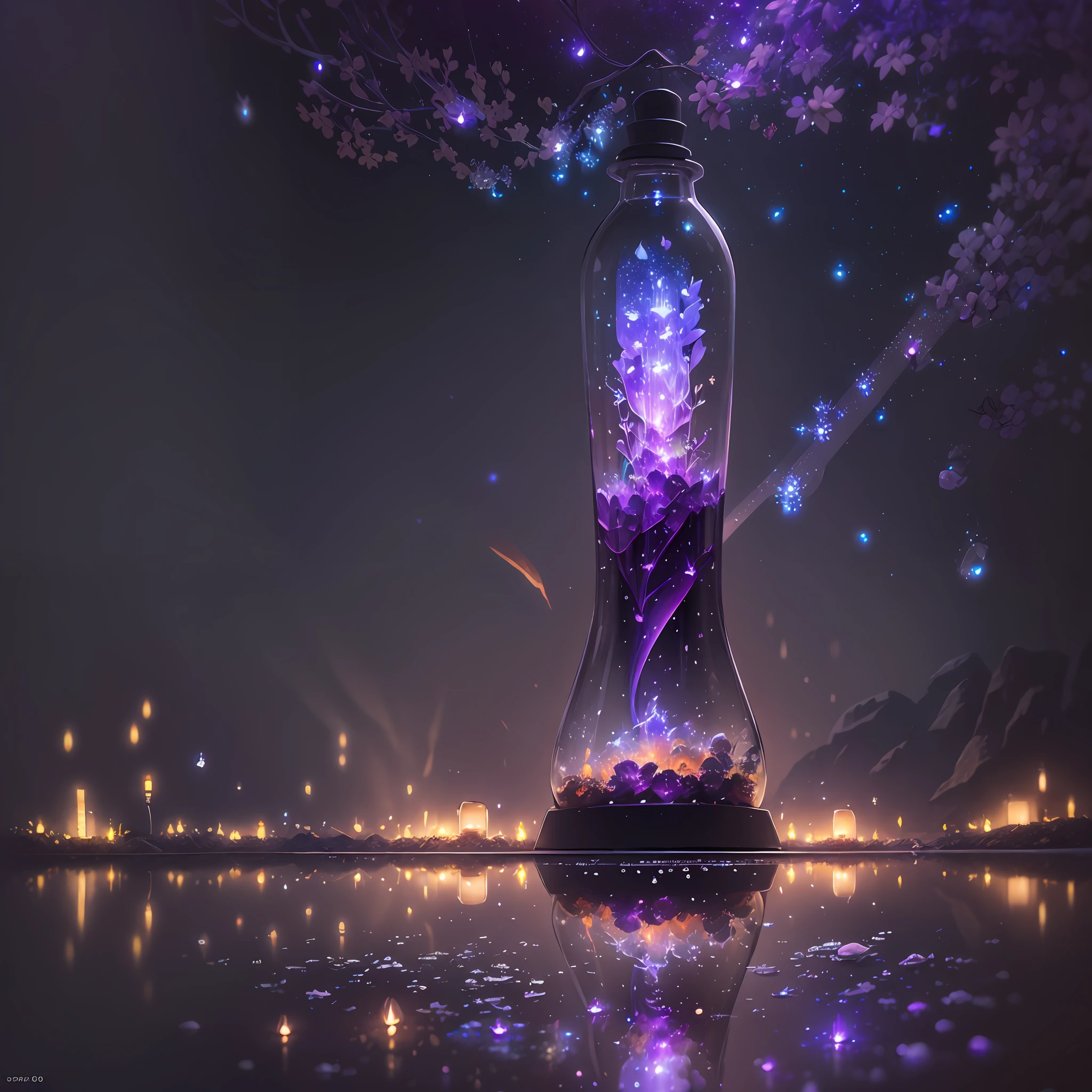 Computer, Extensive Landscape Ultrasound Photography bottle, glass flower, glowing mushrooms, mist, (general view showing transparent flower, mushrooms, glass, reflection),inside the bottle flower, mushrooms, glass, reflected moon, meteor shower, (ultradetailed), burning lighthouse, glass, (detailed), shards, glass (detailed), night night, moon reflection, (1:3), fireflies (1:3), BREAK production art, (cold light source:1.2), (Firefly:1.2), purple, fire particles, colors, intricate details, volumetric lighting, realistic fantasy BREAK (masterpiece:1.2), (best quality), 4k, ultra-detailed, (dynamic composition: 1.4), high detailed, colorful details, (gloomy colors: 1.2), (luminous lighting, atmospheric lighting), gloomy, dark, magical --auto --s2
