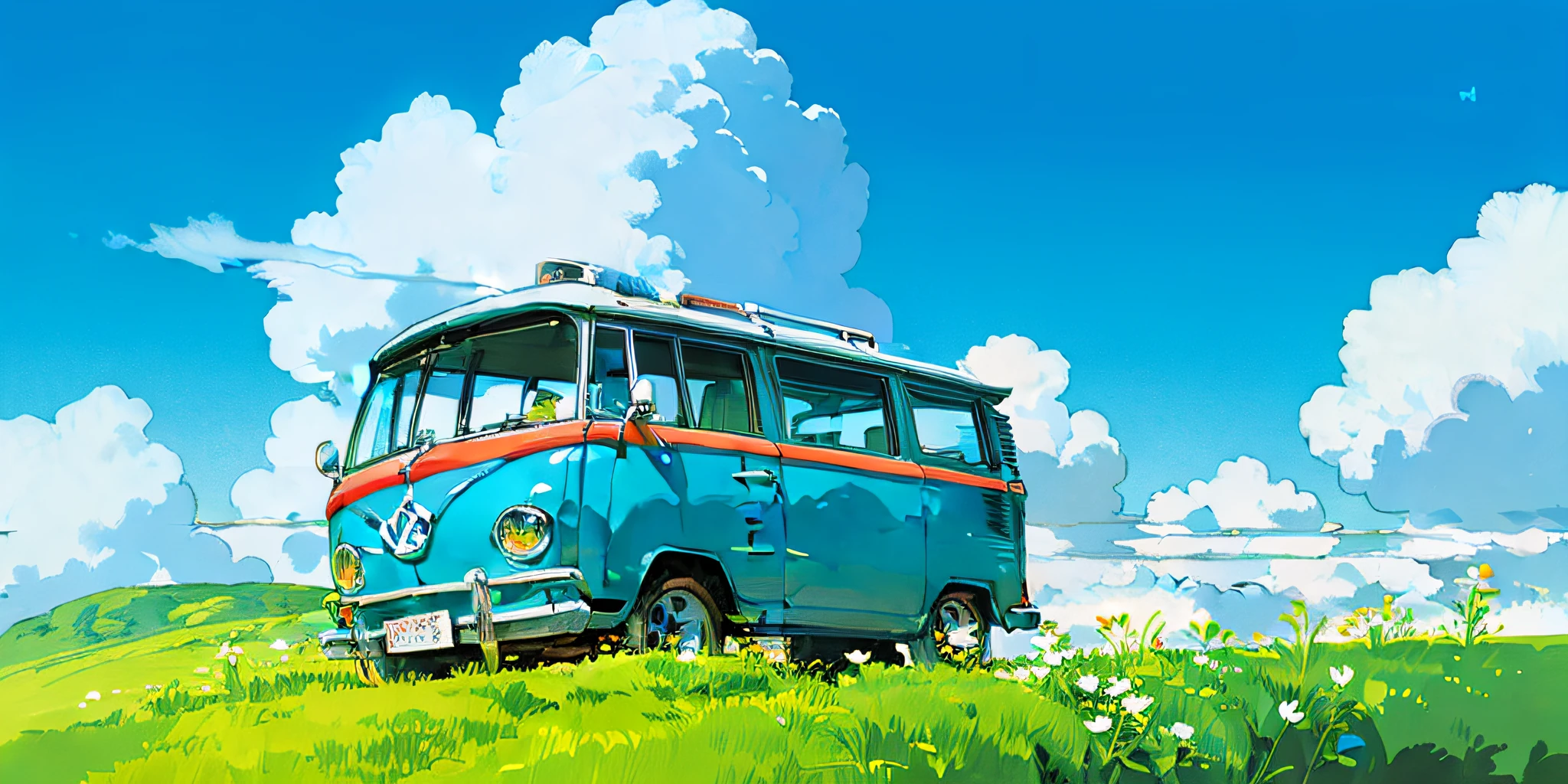 (((best quality)))), Realistic, authentic, beautiful and amazing landscape with a Volkswagen Kombi on the road oil painting Studio Ghibli Hayao Miyazaki pasture petals with blue sky and white clouds --v6
