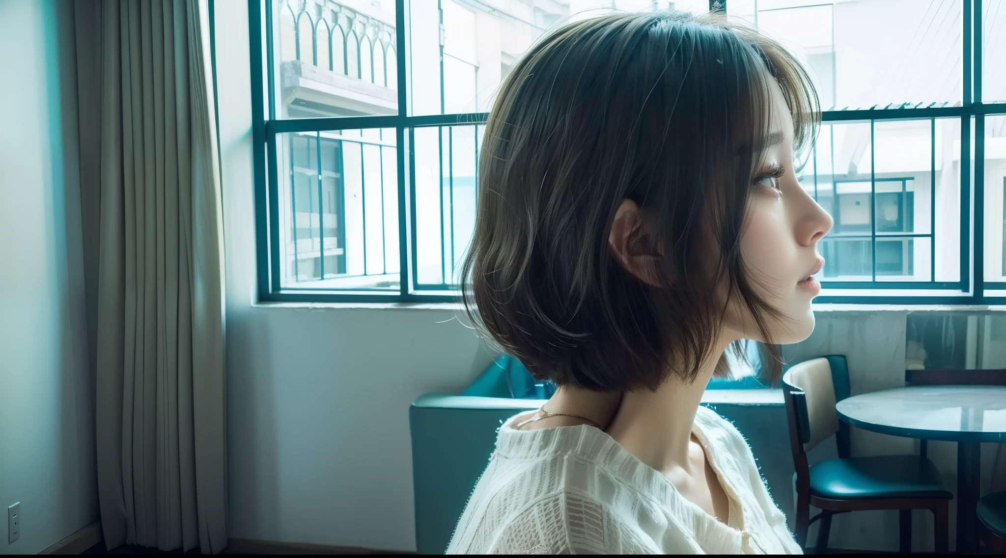 (Masterpiece, best quality), (real pictures, intricate details), (night, daze, silence) Cafe, next to floor-to-ceiling windows, eyes in a daze. (1 girl, messy short white hair, thoughtful, silent, side face)