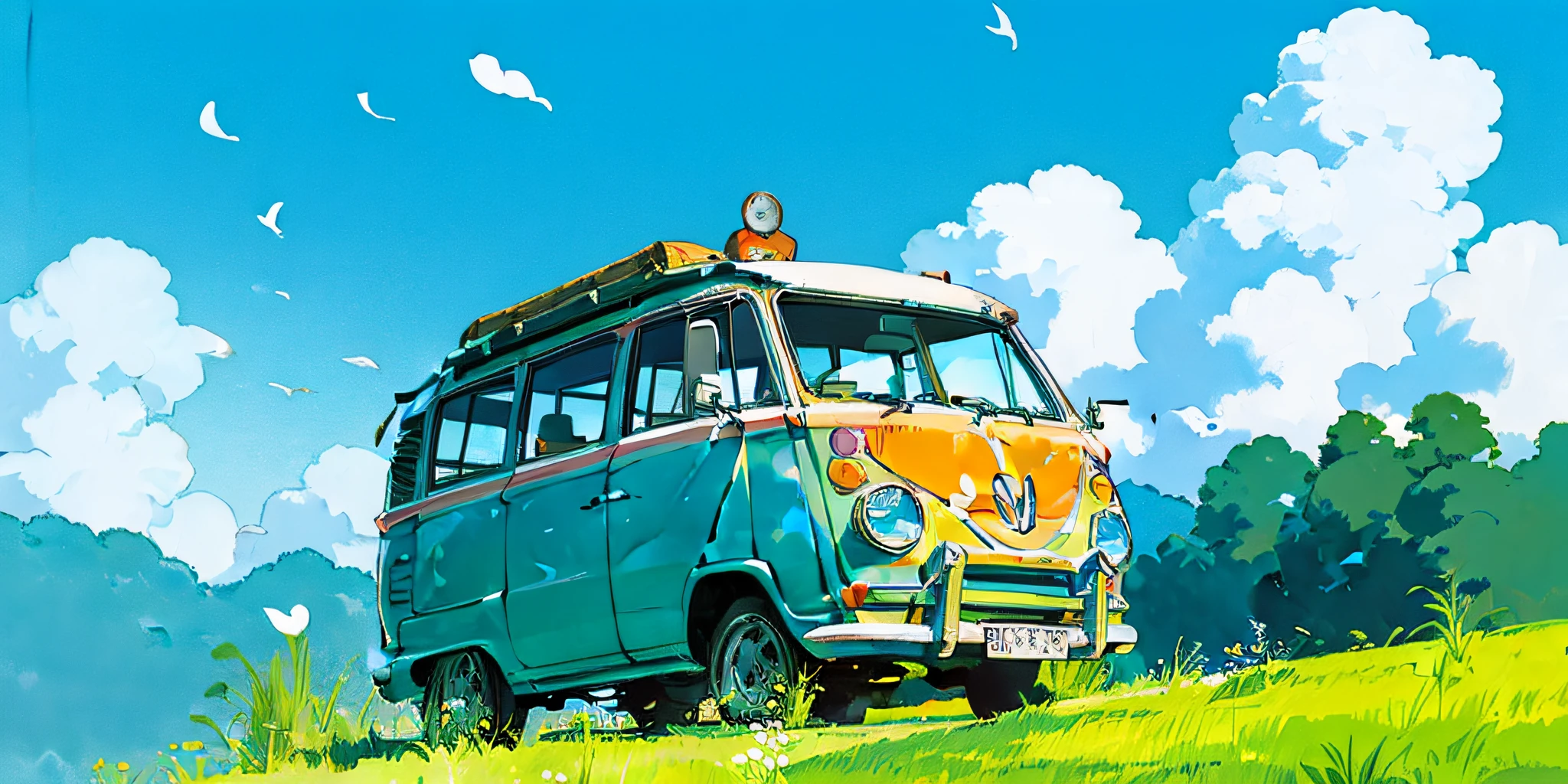 (((best quality)))), Realistic, authentic, beautiful and amazing landscape with a Volkswagen Kombi on the road oil painting Studio Ghibli Hayao Miyazaki pasture petals with blue sky and white clouds --v6