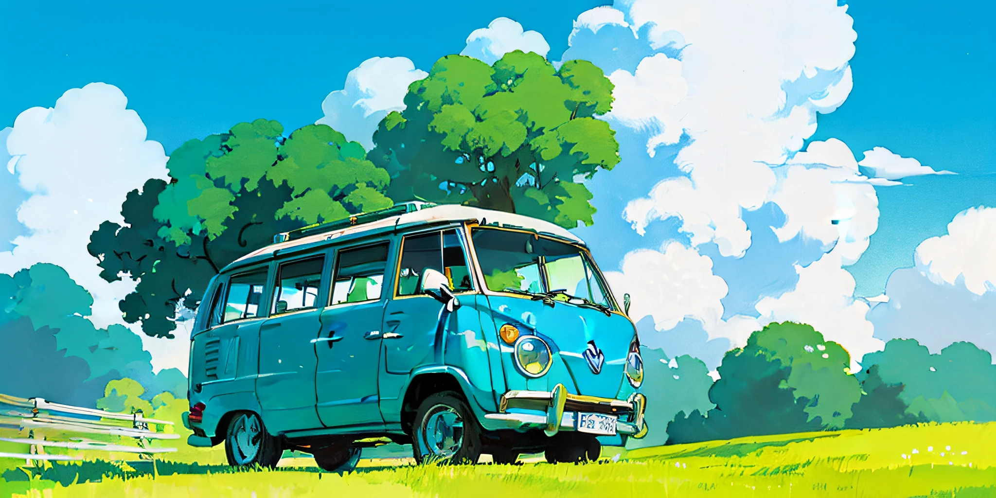 (((best quality)))), Realistic, authentic, beautiful and amazing landscape with a Volkswagen Kombi on the road oil painting Studio Ghibli Hayao Miyazaki pasture petals with blue sky and white clouds --v6