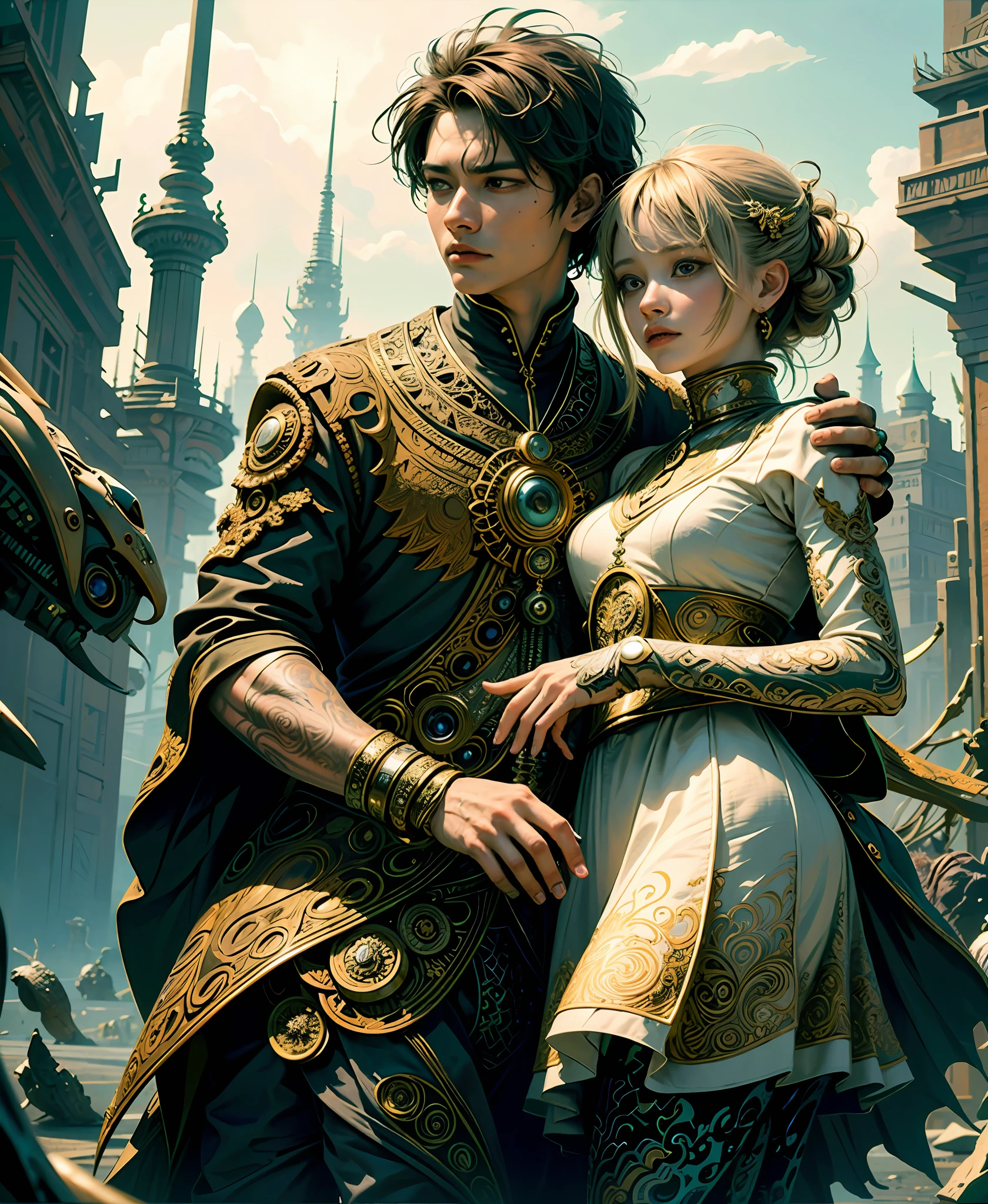 Official Art, Unified 8k Wallpapers, Ultra Detailed, Beautiful and Aesthetic, Masterpiece, Best Quality, (Zentangle, Mandala, Tangled, Entangle), (Fractal Art: 1.3), ((((ung Guy, 1girl)))), Very Detailed, Dynamic Angle, Cowboyshot, Most Beautiful Forms Chaotic, Elegant, Fauvist Design, Bright Colors, Romanticism, James Jean, Robbie Devi Antono, Ross Tran, FrancisBacon, Michal Mraz, Adrian Ganey, Petra Cortwright, Gerhard Richter, Takashito Yamamoto, Ashley Wood, atmospheric, ecstatic notes, flow notes visible