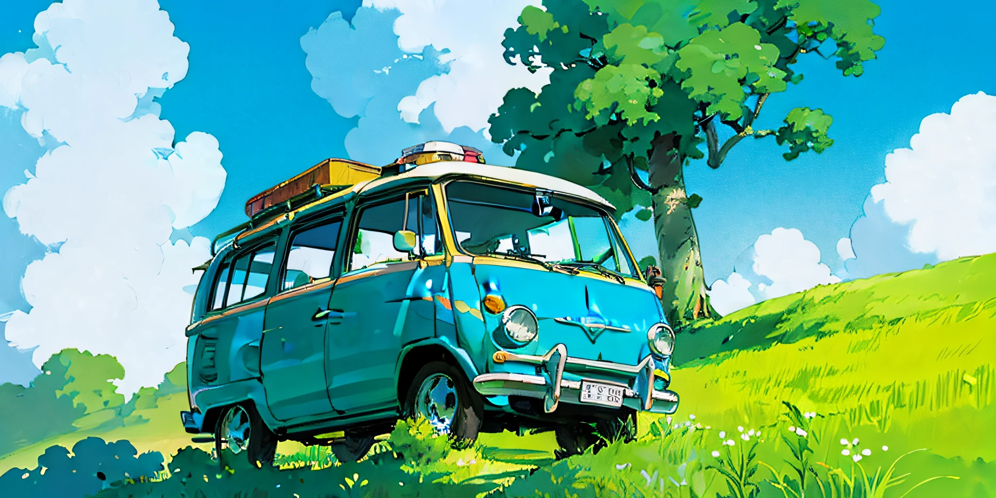 (((best quality)))), Realistic, authentic, beautiful and amazing landscape with a Volkswagen Kombi on the road oil painting Studio Ghibli Hayao Miyazaki pasture petals with blue sky and white clouds --v6