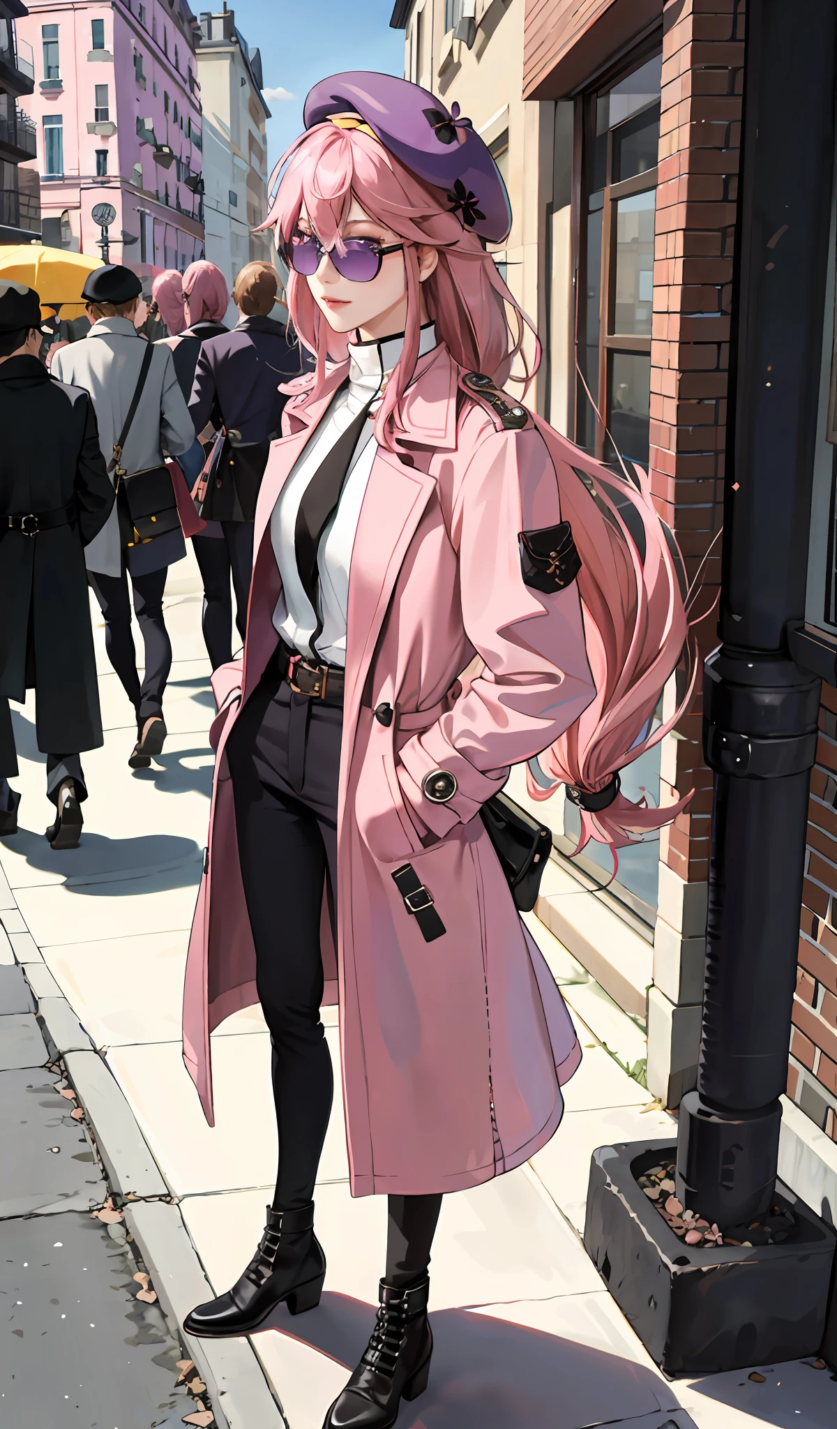 4k, realistic, high detailed, super eyes detailed, fashion clothes, pink trenchcoat, french beret, black pants with belt, long hair, in the city,  pink hair, purple eyes, yae miko, wearing trendy sunglasses, two hands in pockets