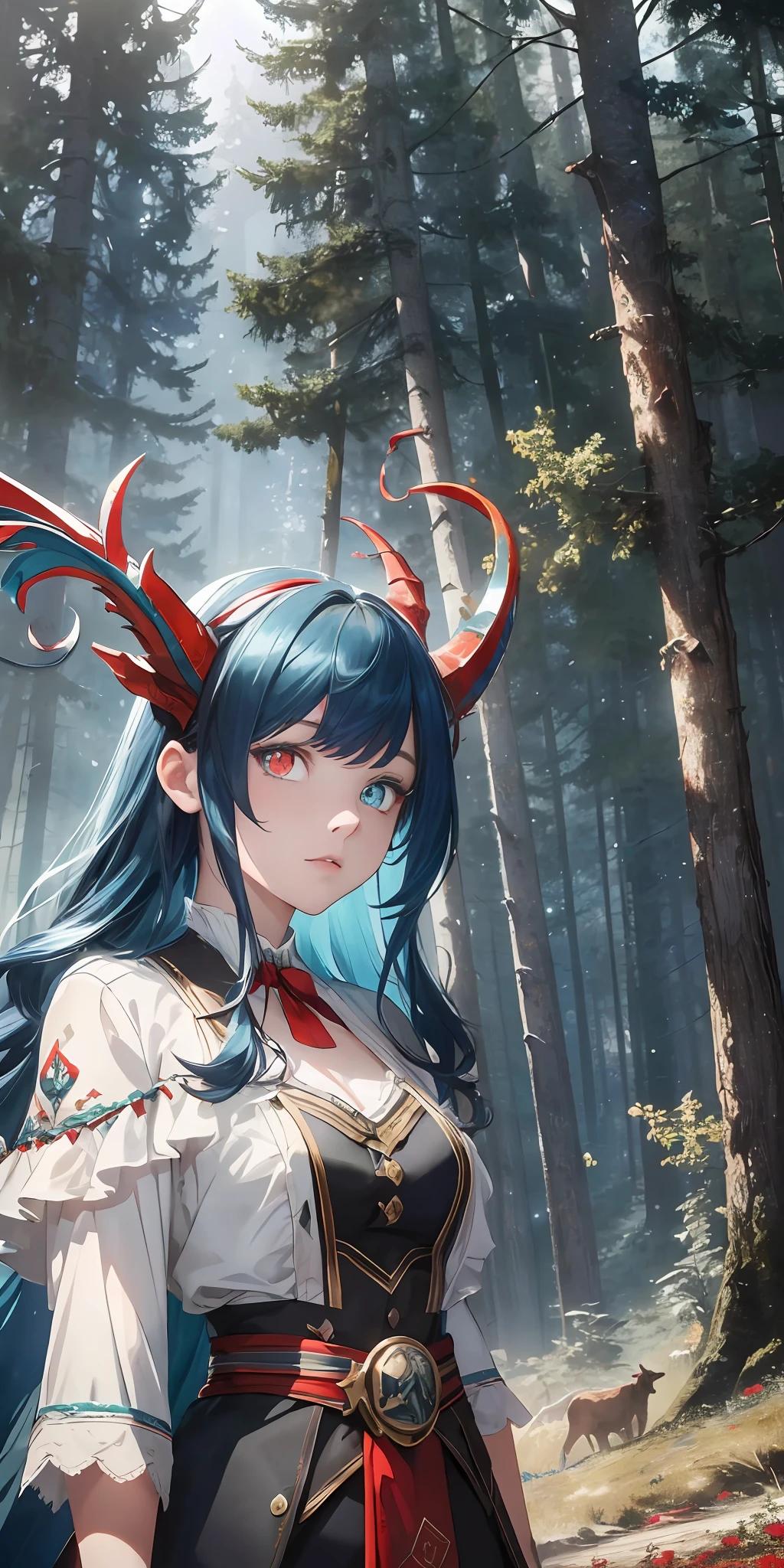 A cinematic scene with artistically illuminated forest background, with a girl with goat horns, ((blue and red eyes:1.22)), ((heterochromia:1.10))0.7] cinematic scenery background, (artwork), (masterpiece), (cinematic), (Paramount studio), (best artist+illustration:1.2)0.3]