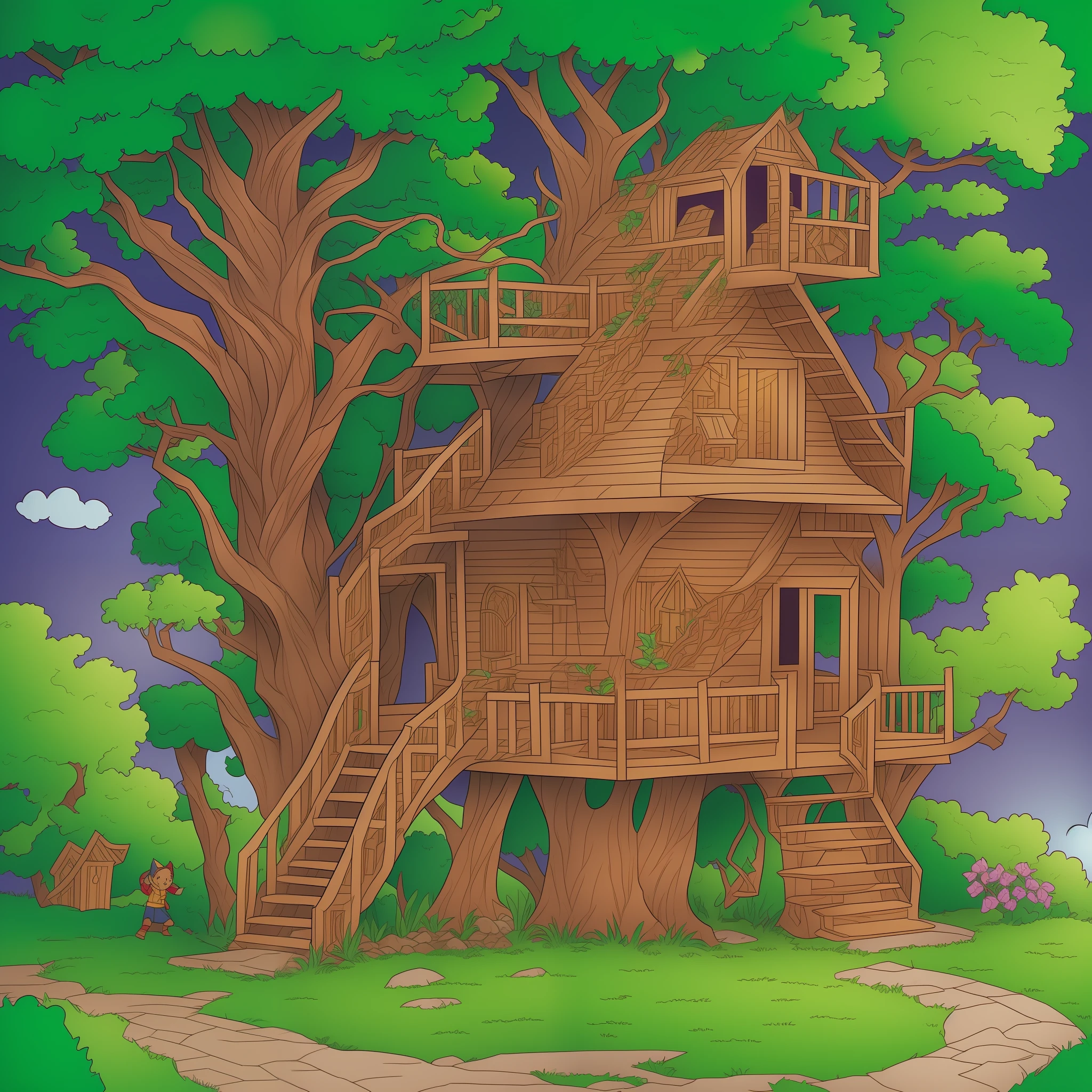 /imagine prompt: One day, the demon decided to make a beautiful tree house for the summer. He worked hard for ten days. On the 11th day, ::3.5 cartoon::4.6 comicbook::5 comicbook drawing::5 --v 4
