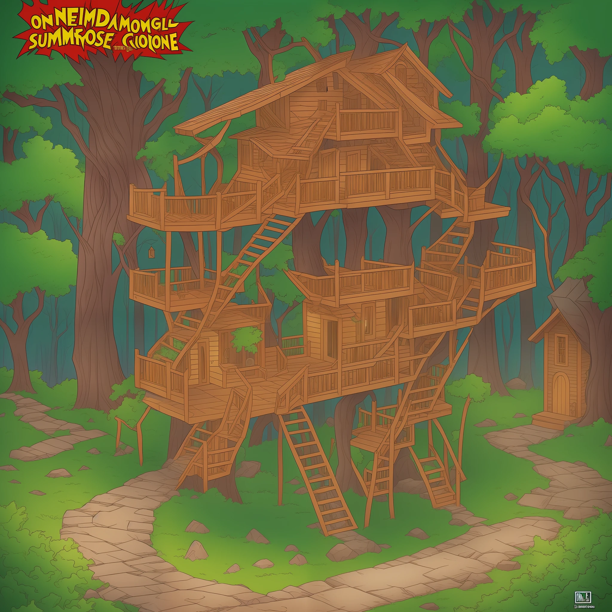 /imagine prompt: One day, the demon decided to make a beautiful tree house for the summer. He worked hard for ten days. On the 11th day, ::3.5 cartoon::4.6 comicbook::5 comicbook drawing::5 --v 4