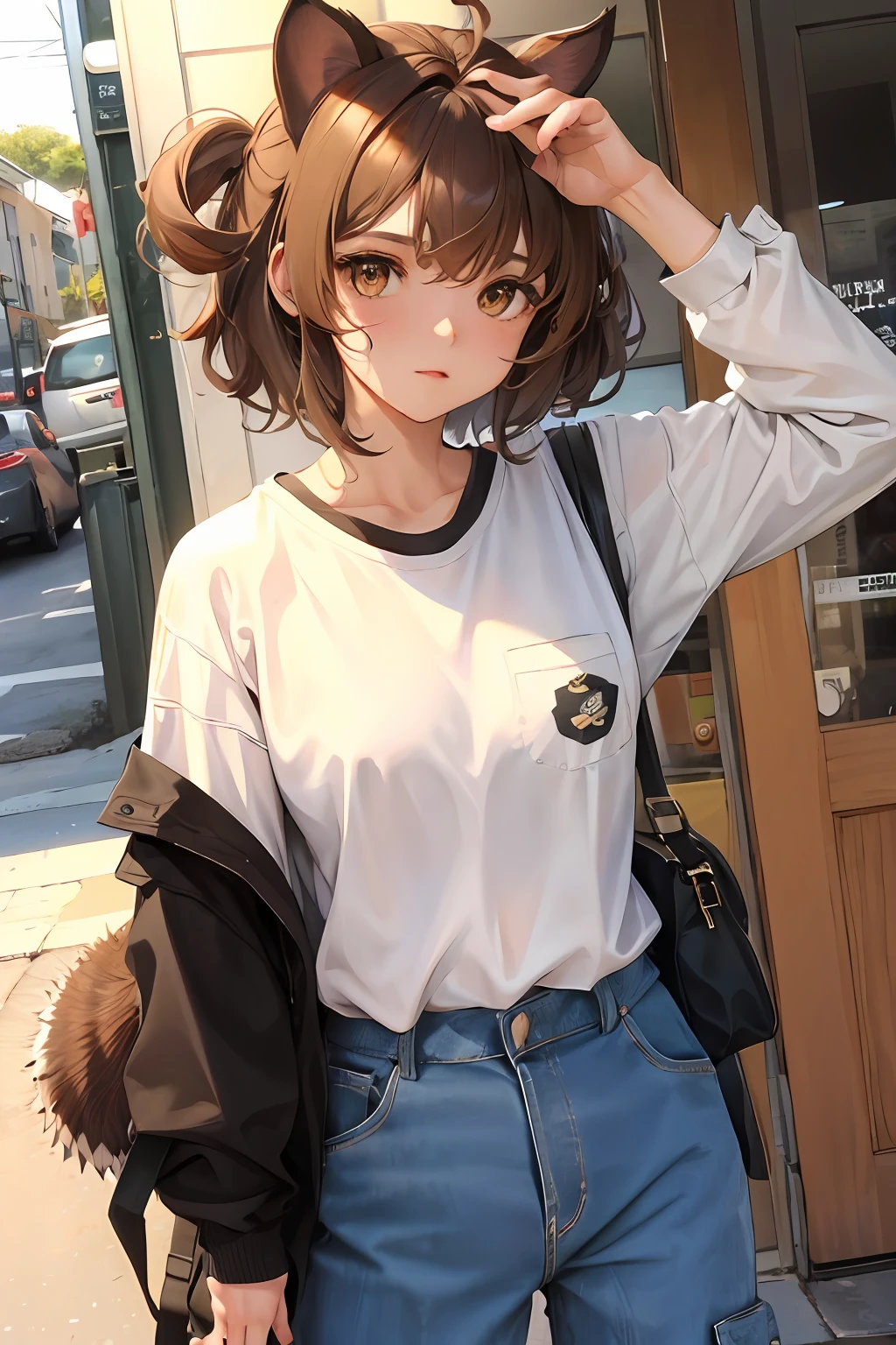A girl, female hedgehog hybrid, hedgehog ears, athletic body, brown eyes, short messy brown hair, baggy shirt.
