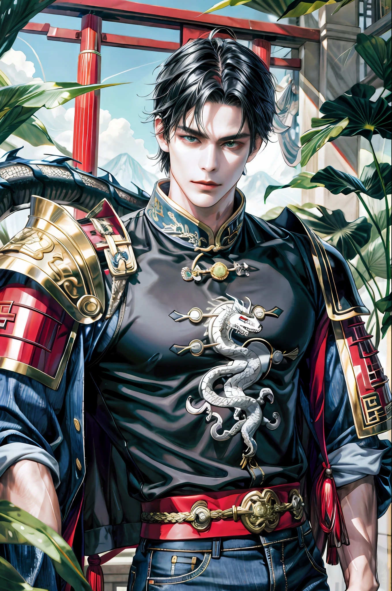 (ridiculous, high resolution, super detailed), chinoiserie, 1 male, solo, handsome, tall muscular man, black hair, broad shoulders, intricate details, colorful, most detailed, denim shot, side, side, overlook, chinese dragon, lightning, chinese armor