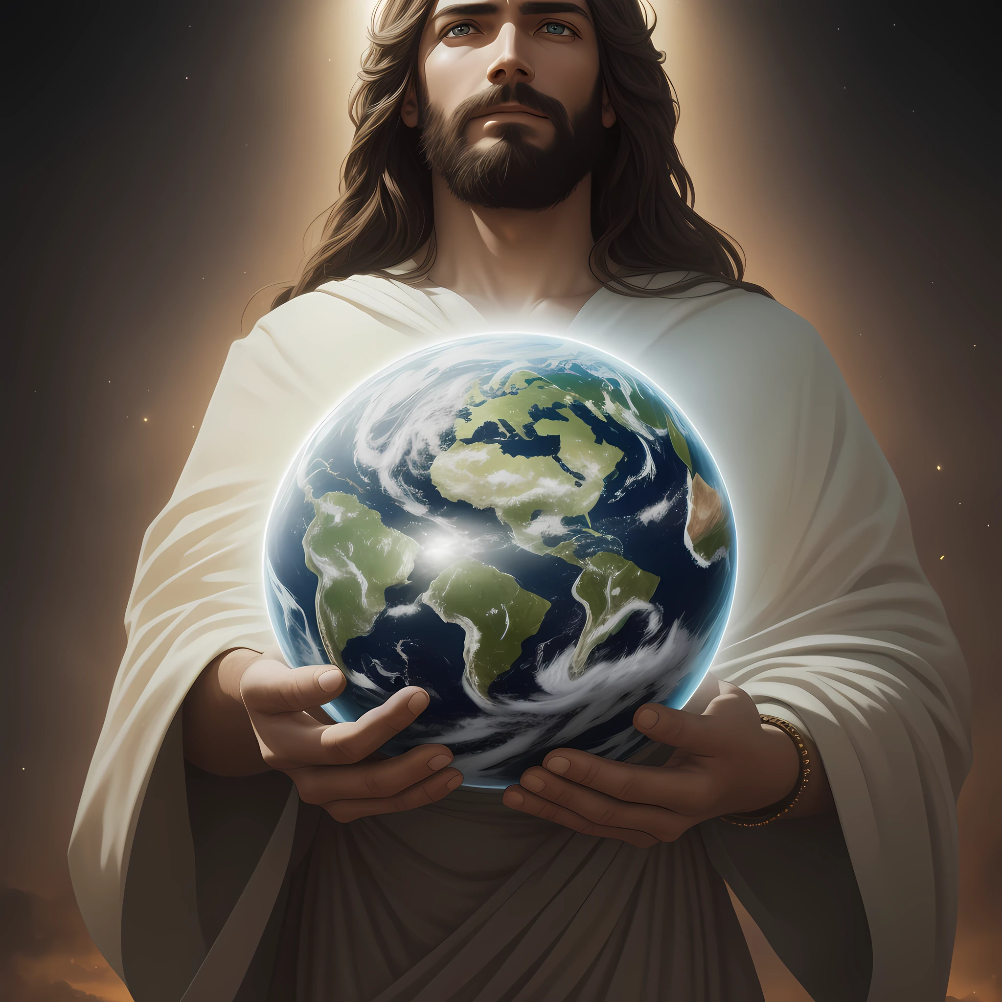jesus holding the planet earth, masterpiece, best quality, high quality, 8k wallpaper, award-winning photography, HDR, bloom, chromatic aberration, photorealistic, extremely detailed, intricate, high detail, dramatic, art in the middle of the journey, volumetric lighting, art by Artgerm and Ruan Jia and Greg Rutkowski Surreal Painting (masterpiece, side lighting, beautiful finely detailed eyes: 1.2 ), HDR, 8K, God Ray