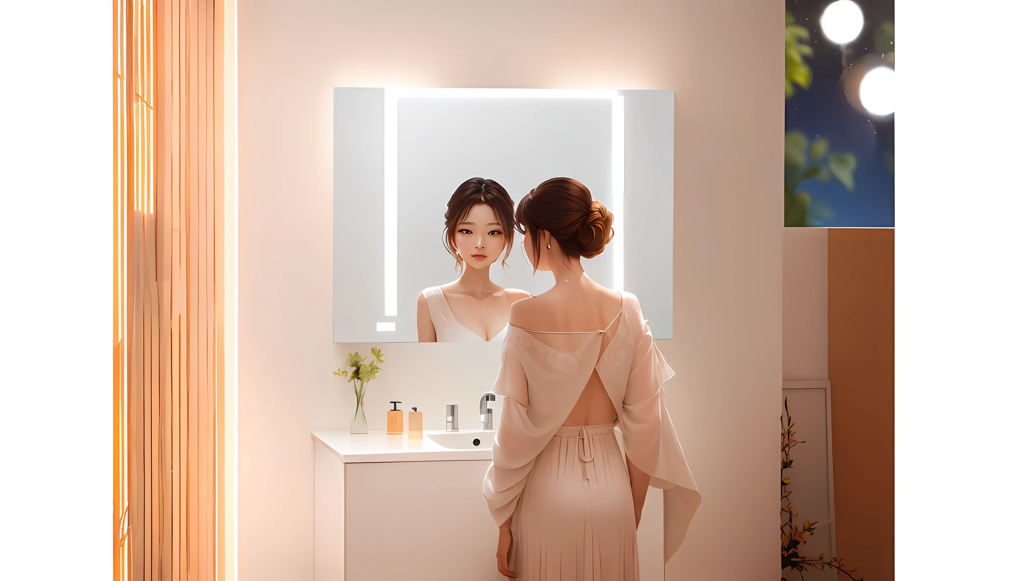 there is a woman standing in front of a mirror in a bathroom, eora, product introduction photo, jia, sha xi, product introduction photos, mirror, product photo, with backlight, ji-min, with a mirror, most popular, aura, morning lighting, evening lighting, luminous scene, sienna, led, morning light, elegant look, high light