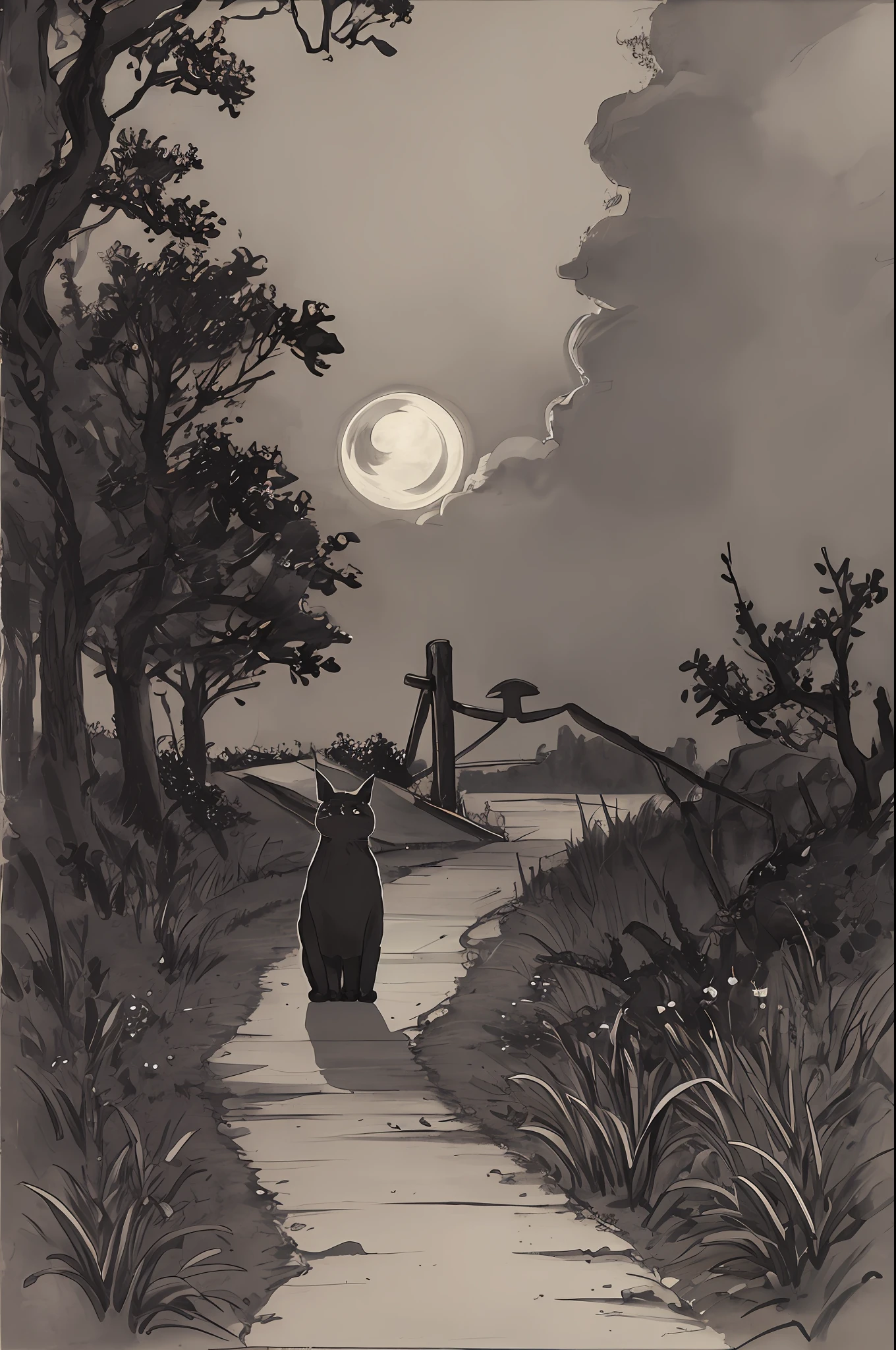 Black cat, night, eerie, dark path, masterpiece, full moon, alley