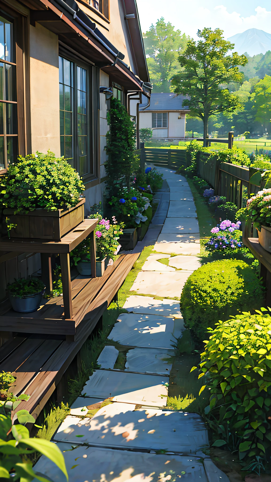(ultra high res,photorealistic,best quality,photo-realistic),(8k,raw photo,best quality,masterplece),(photon mapping,radiosity,physically-based rendering,automatic white balance),real person,photograph,bridge, building, bush, city, cloud, day, door, fence, field,orest, garden, grass, house, hydrangea, mountain, nature, no_humans, outdoors, path, plant, potted_plant, purple_flower, road, scenery, sky, skyscraper, traditional_media, tree,