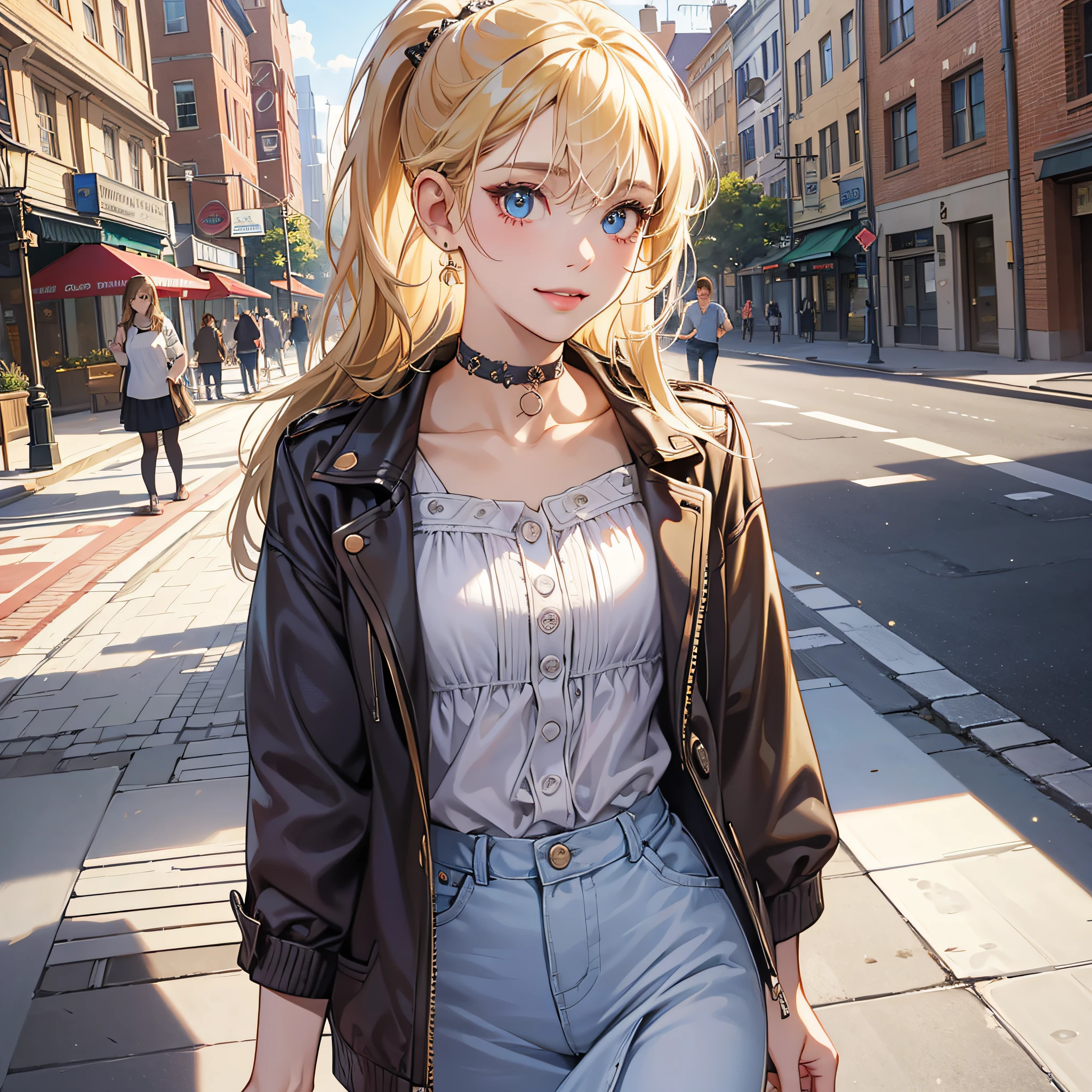 Super detailed, very detailed, masterpiece, highest quality, best quality, absurd, high resolution, subsurface scattering, (1girl:1.5), (solo:1.4), smile, blonde light blonde, asymmetrical hair, asymmetrical bangs, ponytail, medium bangs, hair between eyes, brown eyes, eye reflections, detailed eyes, perfect eyes, rendered eyes, (looking at the audience: 1.1), dynamic pose, dynamic angle, full body, perfect hands, hand details. Detail enhancement. Fine skin, skin pores, shiny skin, shiny skin, (skindentation:1.2), breasts, hair flow, idol, light casual wear, fine clothes, denim skirts, (penties:0.7), summer, daytime, sun, outdoors, college, campus, city, sidewalk, (water:0.8), (Detailed background: 1.2), (Complex background: 1.2), Depth of field, small choker, surrealism --auto --s2