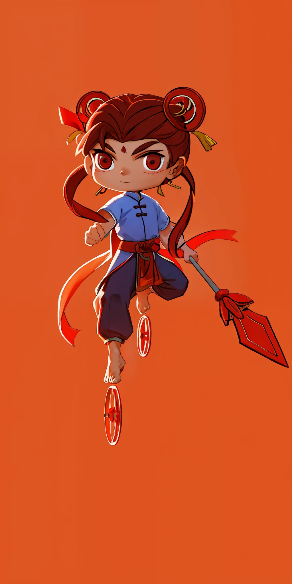 A boy, with sideburns, red streamers on his body, holding a weapon, barefoot, fire wheels under his feet, Chinese national style dress, mainly red tone, high quality, light and shadow, 8k, Chinese national style style