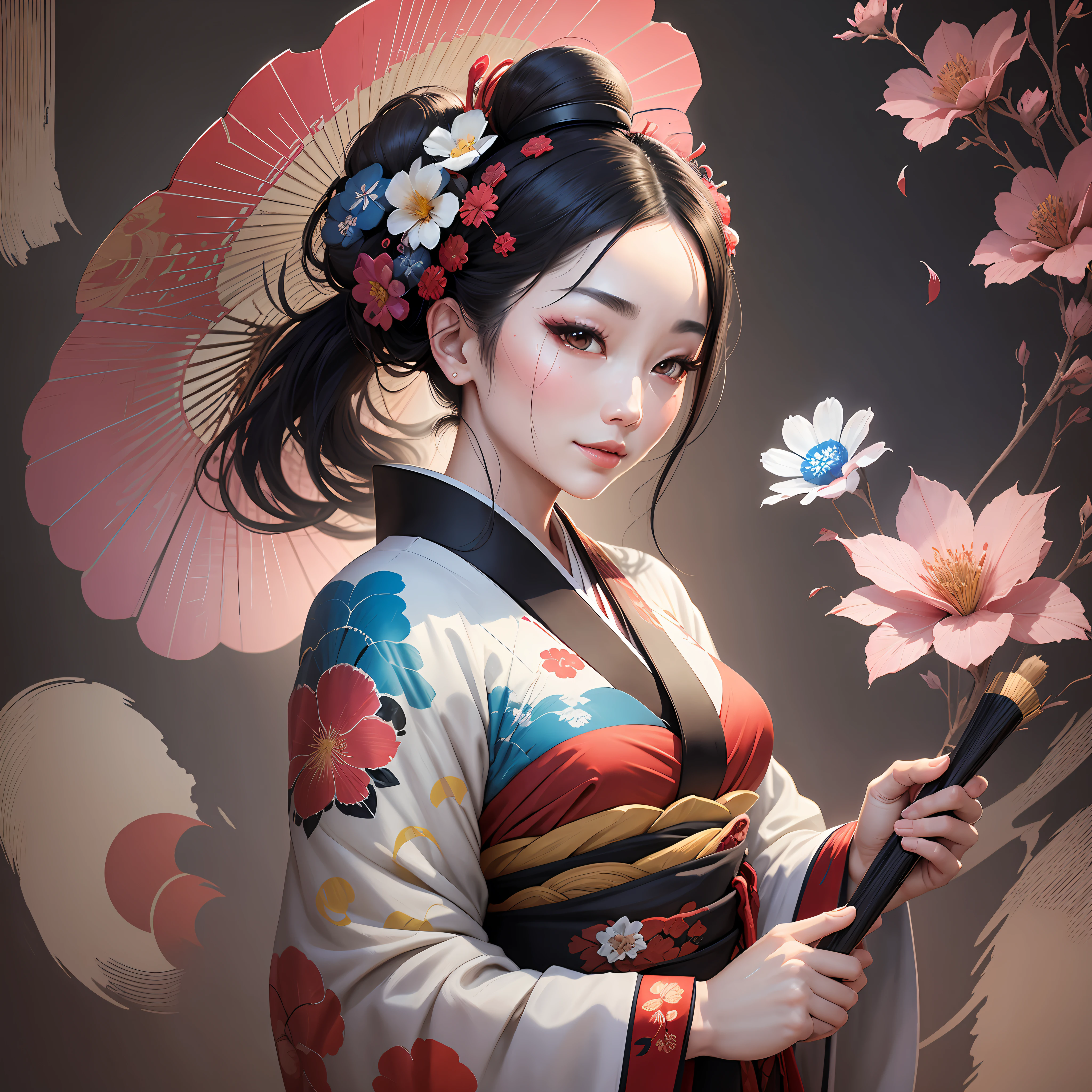 The image is an oil painting depicting a geisha in a photorealistic style, with blur and graininess effects, which create a sense of movement and distance. The geisha is a young and beautiful woman, with straight black hair, trapped in a high bun, with red flower ornaments. Her skin is clear and delicate, contrasting with her typical makeup, which consists of painting her face white, her lips red, and her eyes black. His eyes are small and almond-shaped, conveying a sweet and mysterious look. She wears a silk kimono, with floral print in shades of pink, blue and green. The kimono is adjusted to her body, highlighting her curves and her femininity, without being vulgar. She has an obi, a wide band that wraps around her waist, in the color red, that stands out in the composition. She also wears white socks and wooden sandals called zori. She carries an open fan in her right hand, which has the same print as the kimono. She smiles slightly, showing her perfect white teeth, as if inviting the viewer to approach her. The background of the image is a solid color, which can be gray, beige or brown, creating a contrast with the figure of the geisha. The light comes from the left, illuminating her face and her kimono, but also creating shadows and reflections, which give depth and perspective to the painting. The image is a realistic and poetic representation of the geisha, in the style of Gerhard Richter. --auto --s2