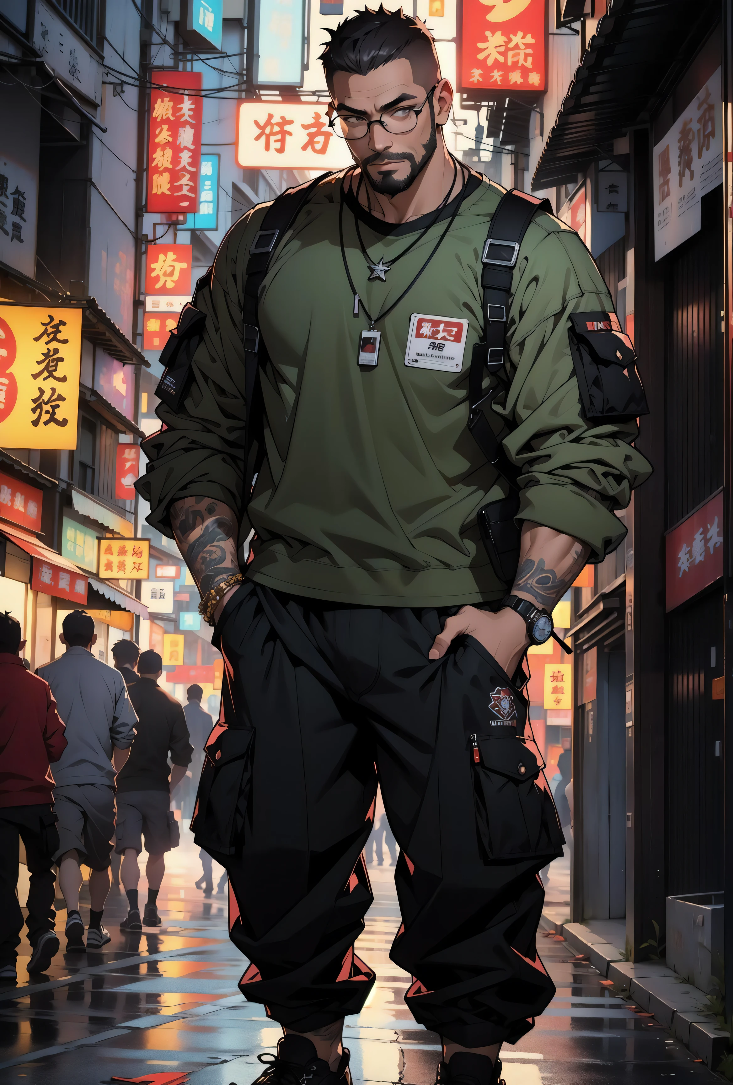 1man,short hair, muscular, beard, Streetwear,cargo pants, necklace,taiwan, street, (masterpiece, best quality, highres, ultra detailed ), night , depth of field, glasses,