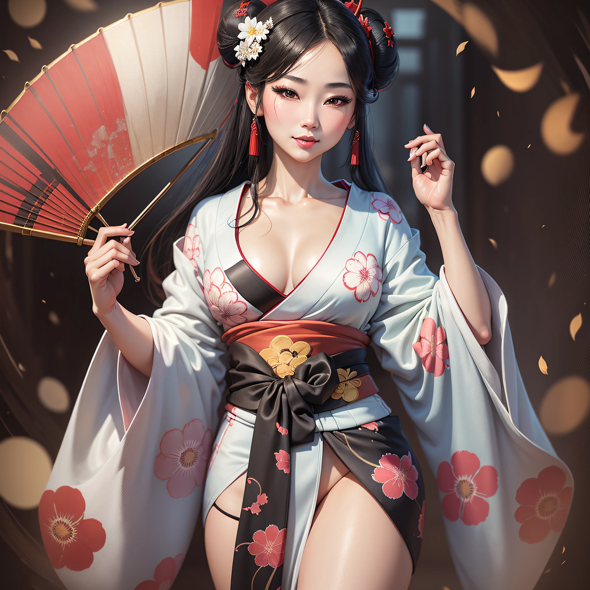 The image is an oil painting depicting a geisha in a photorealistic style, with blur and graininess effects, which create a sense of movement and distance. The geisha is a young and beautiful woman, with straight black hair, trapped in a high bun, with red flower ornaments. Her skin is clear and delicate, contrasting with her typical makeup, which consists of painting her face white, her lips red, and her eyes black. His eyes are small and almond-shaped, conveying a sweet and mysterious look. She wears a silk kimono, with floral print in shades of pink, blue and green. The kimono is adjusted to her body, highlighting her curves and her femininity, without being vulgar. She has an obi, a wide band that wraps around her waist, in the color red, that stands out in the composition. She also wears white socks and wooden sandals called zori. She carries an open fan in her right hand, which has the same print as the kimono. She smiles slightly, showing her perfect white teeth, as if inviting the viewer to approach her. The background of the image is a solid color, which can be gray, beige or brown, creating a contrast with the figure of the geisha. The light comes from the left, illuminating her face and her kimono, but also creating shadows and reflections, which give depth and perspective to the painting. The image is a realistic and poetic representation of the geisha, in the style of Gerhard Richter. --auto --s2