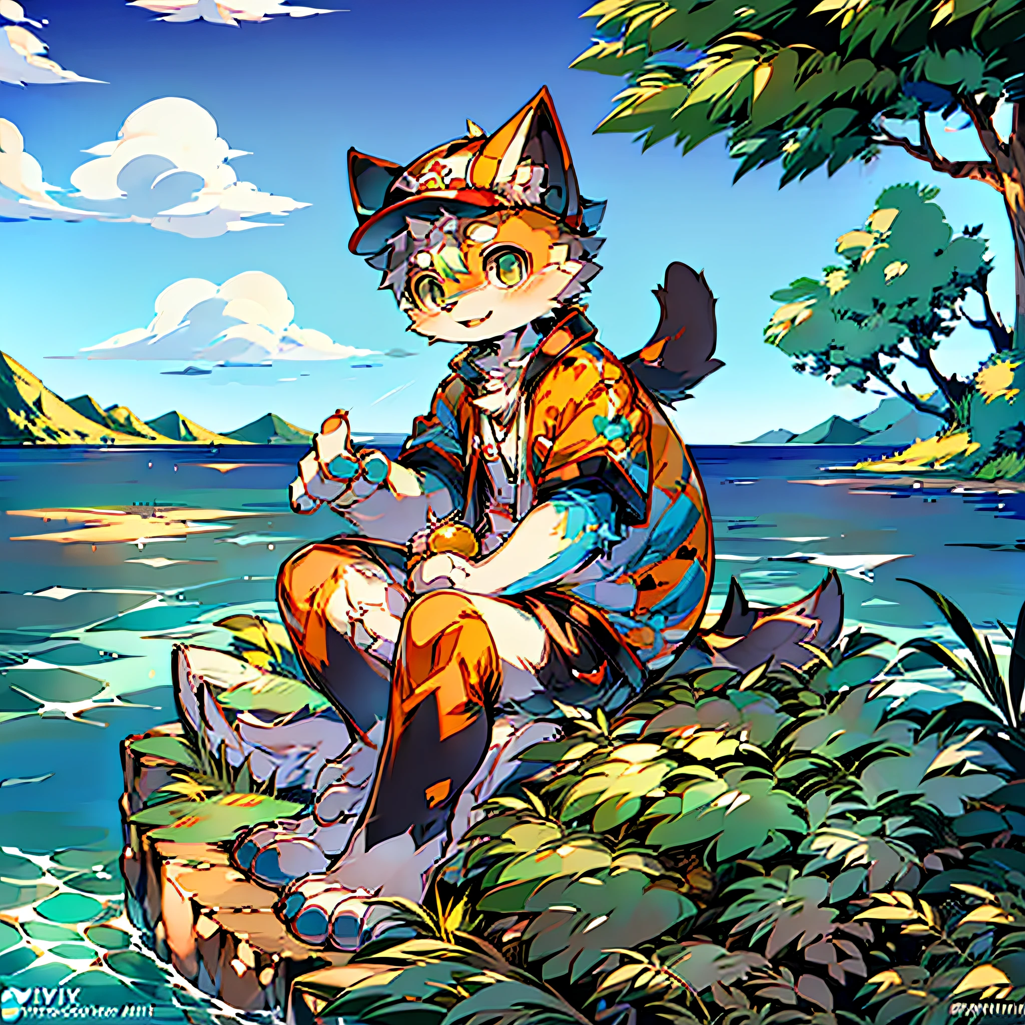 Anime boy sitting on rock wearing cat hat, popular on ArtStation pixiv, by the sea, cute anime, high quality anime art style, anime vision of cute cats, pixiv contest winner, anime boy, pixiv, cute anime cat boy , by Yuumei, key anime art, digital art on pixiv Shota cute 8 years