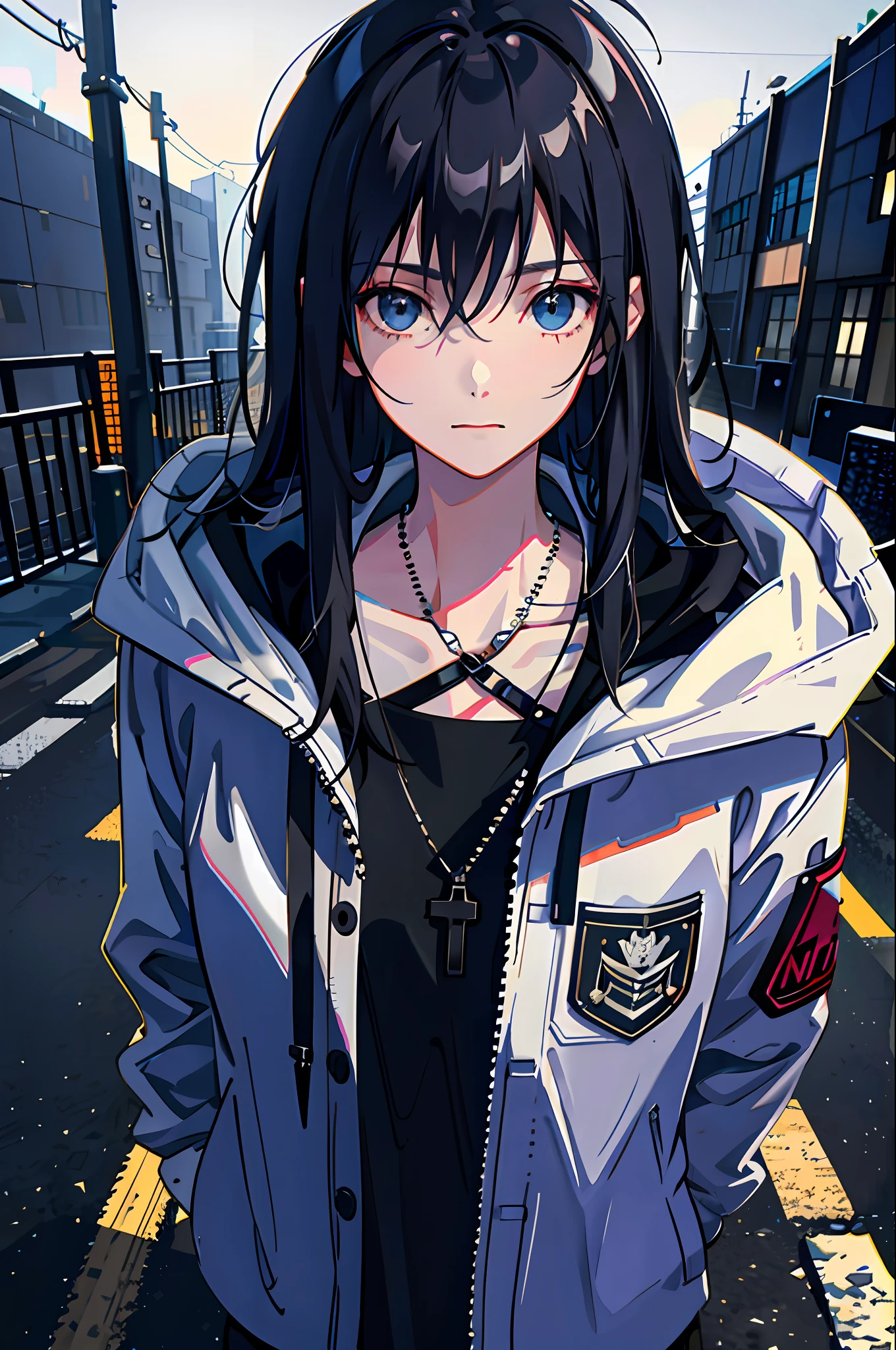 1girl, jacket, rain, outdoor, hoodie, open jacket, chain, backpack, looking at another, messy hair, trending on artstation, 8k resolution, highly detailed, anatomically correct, sharp image, digital painting, concept art, trending on pixiv, style of makoto shinkai,