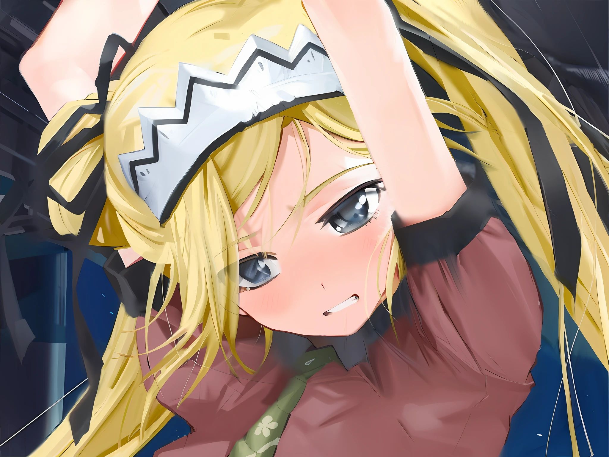 Anime girl lying in bed in cow print shirt and black and white dress, cute girl anime visual, blonde anime girl with long hair --auto --s2