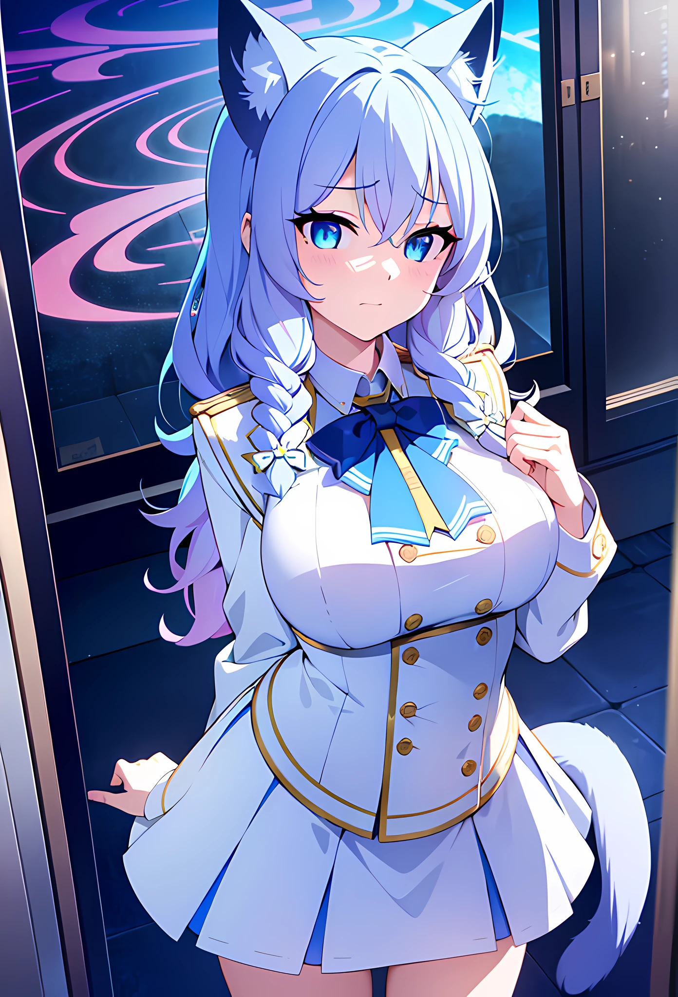 {{masterpiece, extremely detailed, 8K, absurdres}}, best quality, {solo}, {{extremely detailed girl}} perfect body, {slim waist}, {slim legs}, {{{{detailed fingers}}}}, {{{detailed legs}}}, {{{{long bright white hair}}}}, {{{luscious curly braided hair}}}, cat ears, {{pink inner cat ear flaps}}, {{{extremely detailed eyes}}}, {{{{sharp cat eyes}}}}, {{{{dark blue faded to white eyes}}}}, {{{{vibrant eye colors}}}}, {{{blushing}}}, {{cute shy expression}}, winter school uniform, {{{detailed white tight school jacket}}}, {{{detailed white blouse}}}, {{{white detailed short school skirt}}}, {{{detailed long loose white socks}}}, {{{detailed brown school shoes}}}, {{standing up}}, {{big tits}}