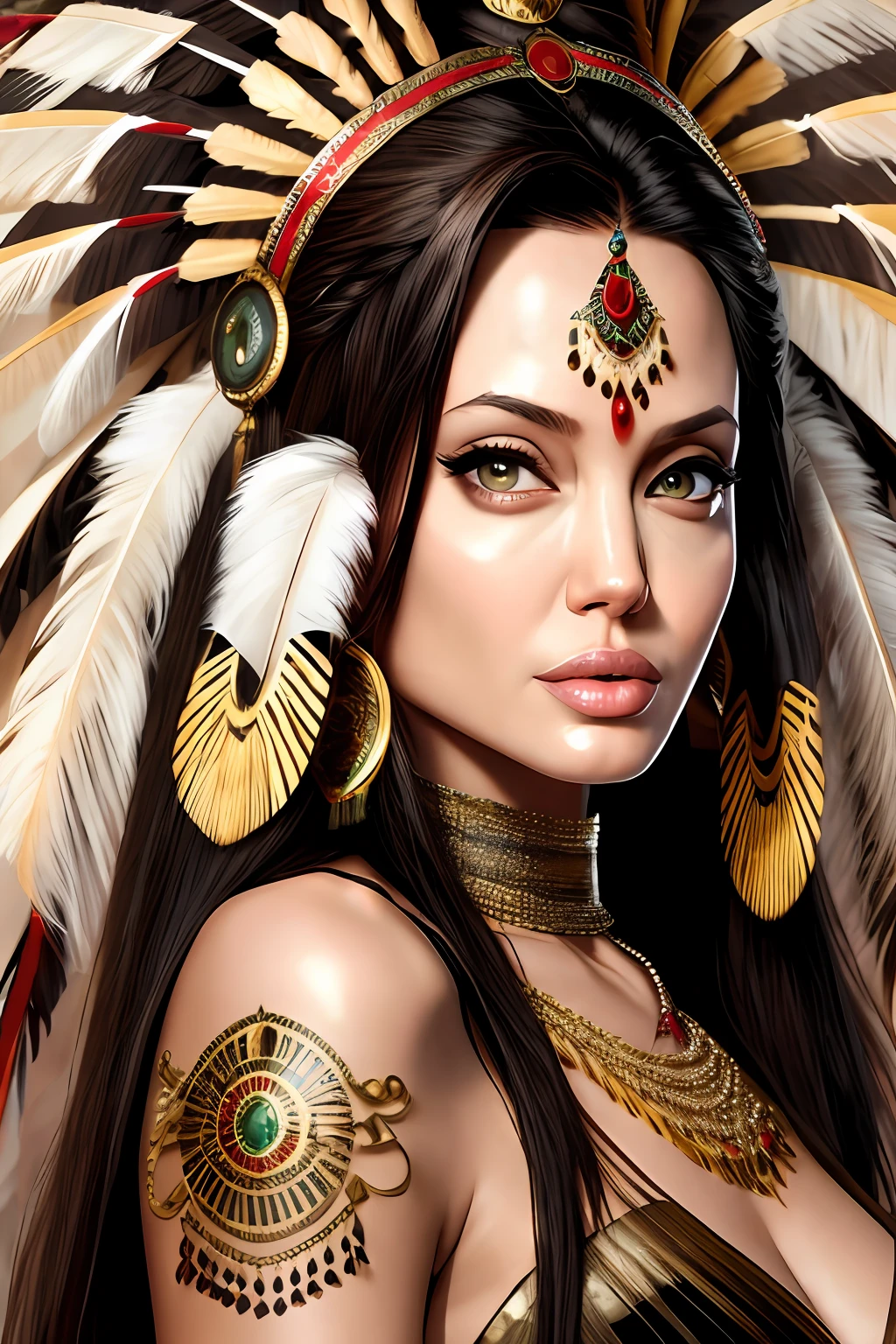 Angelina Jolie with realistic Indian headdress best shadow best cinematic detailed lighting high resolution --auto --s2