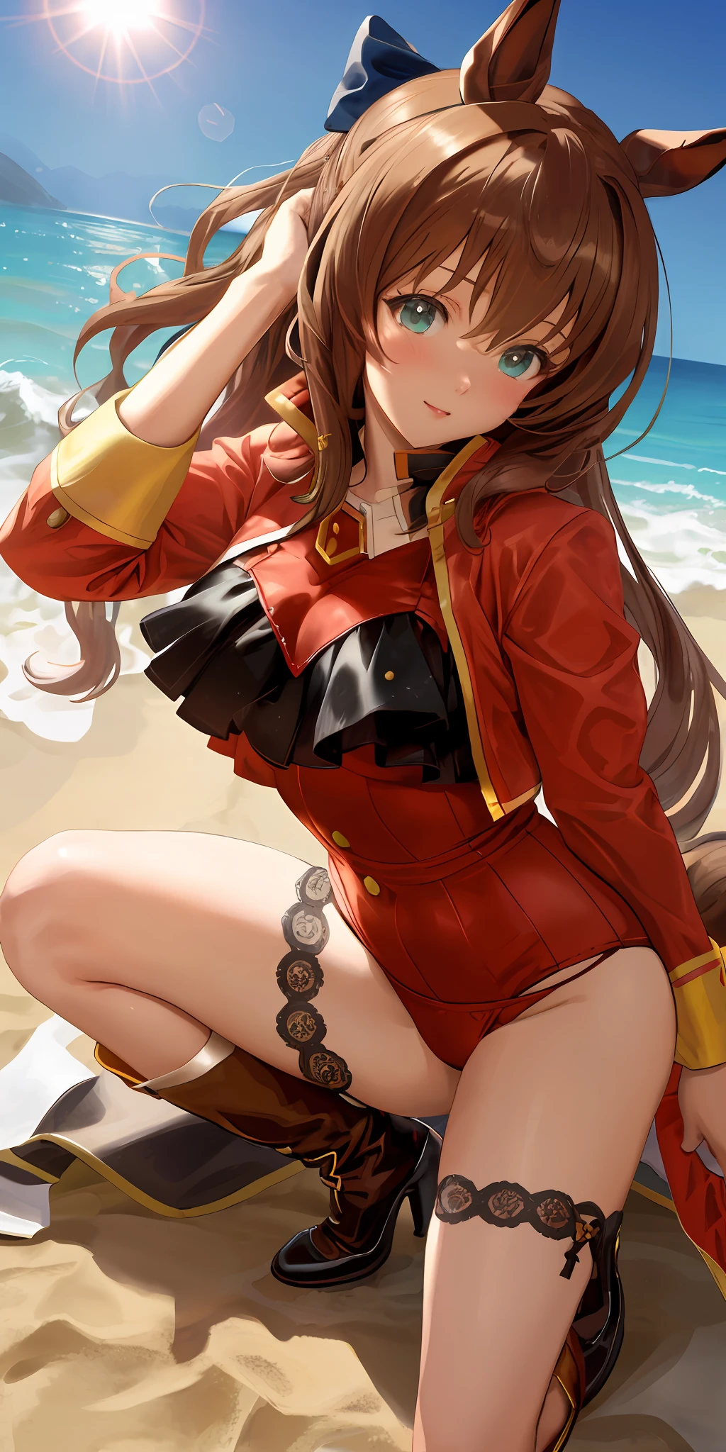 masterpiece, best quality, close up wide angle, charming poses, beach,
maruzensky \(umamusume\),
red swimwear dress, open jacket, white bow, open clothes, high heel boots,
sunlight,