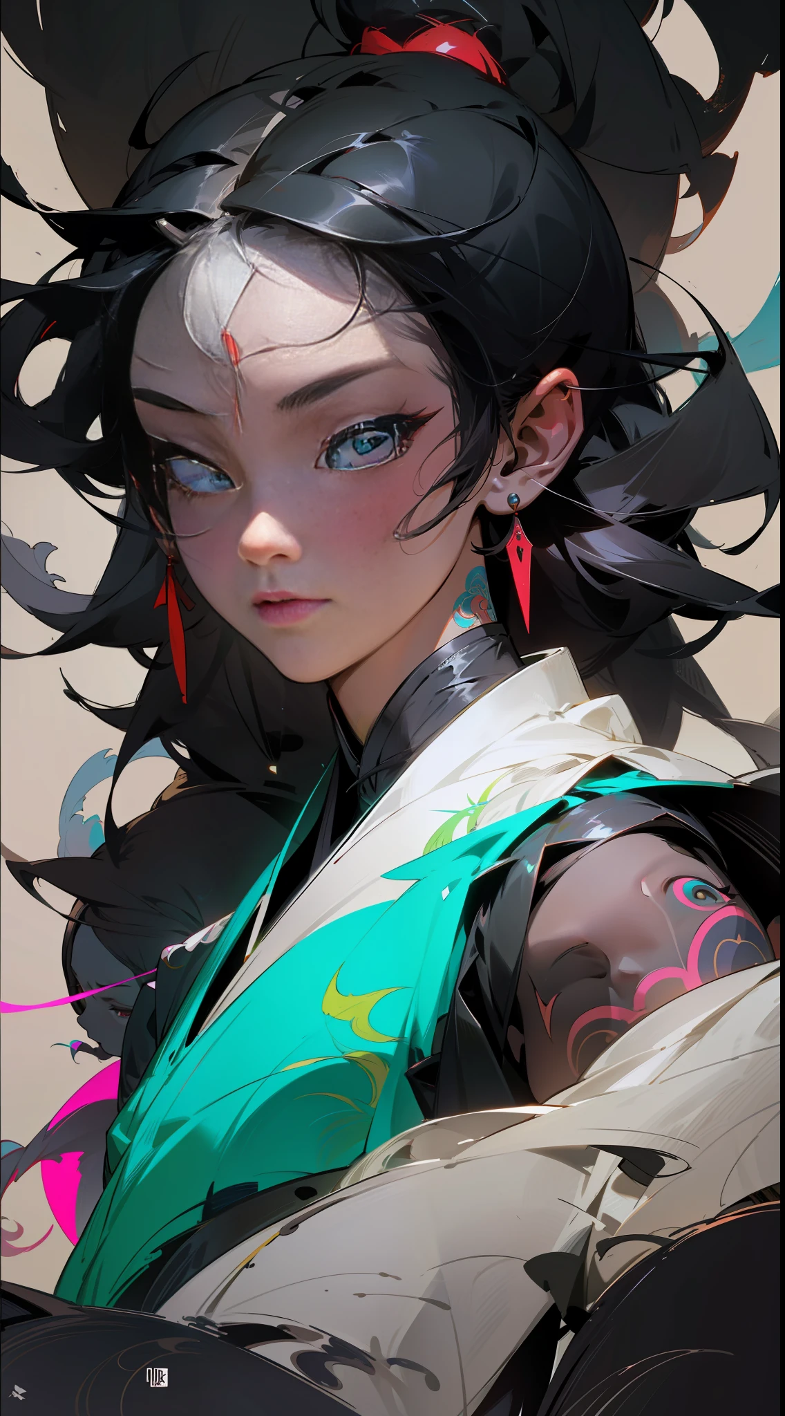 wuxia,vector art,1black woman with tattoos,black hair,white clothes,super colorful,luminous colorization,sharp, cinematic,dof,35mm,pintura luminosa