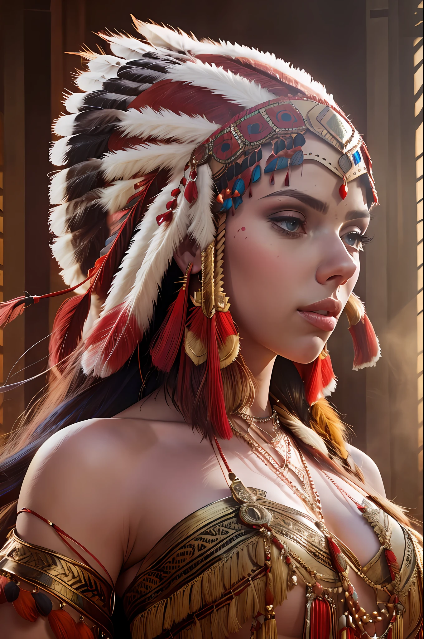 Scarlett Johansson with realistic Indian headdress best shadow best cinematic detailed lighting high resolution --auto --s2