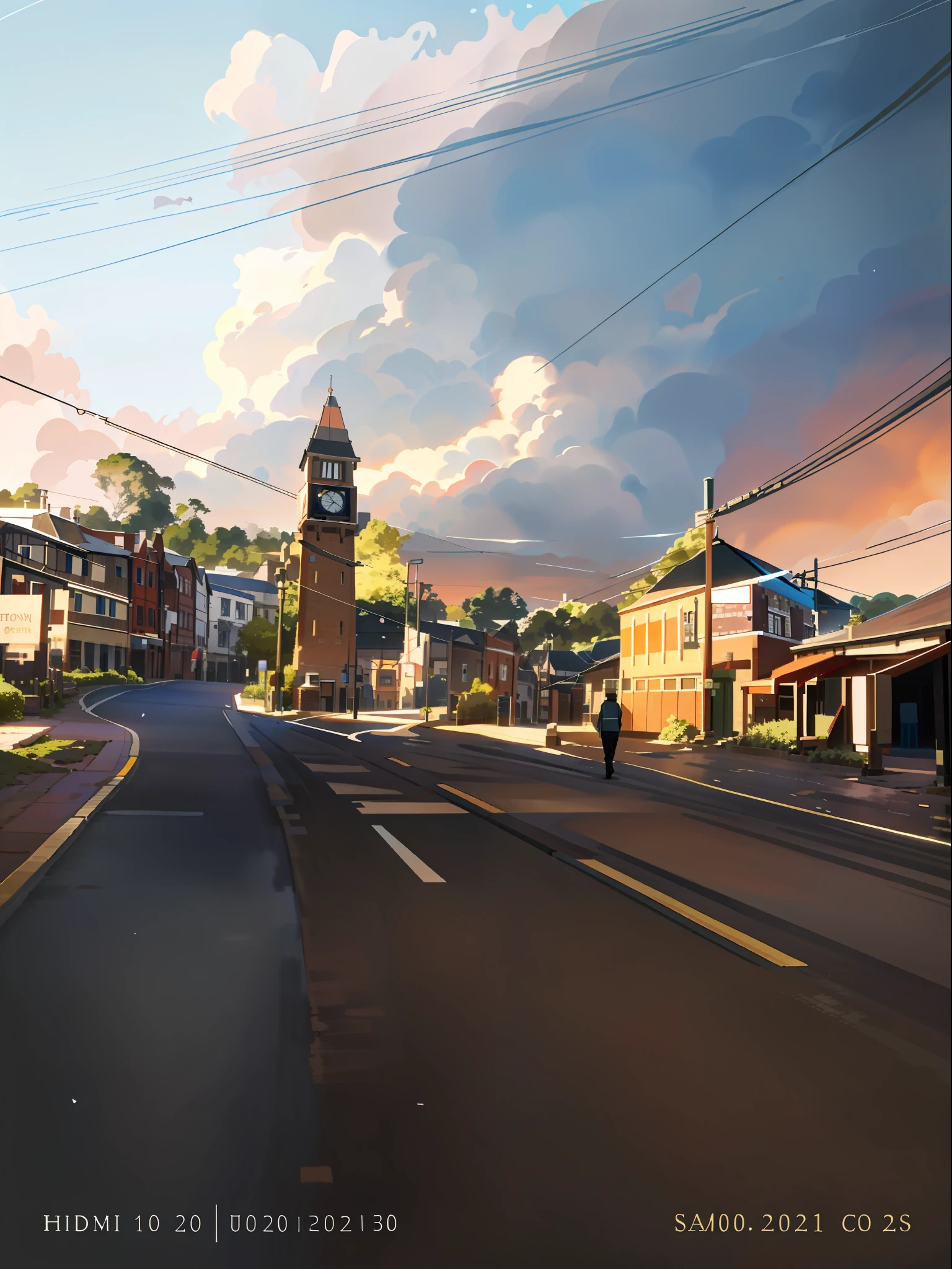 there is a person walking down the street in front of a clock tower, town in the background, with village, village, town, taken in the early 2020s, street scene with water tower, street view, street level view, beautiful image, photo taken in 2 0 2 0, hideen village in the forest, clock tower, small town surrounding