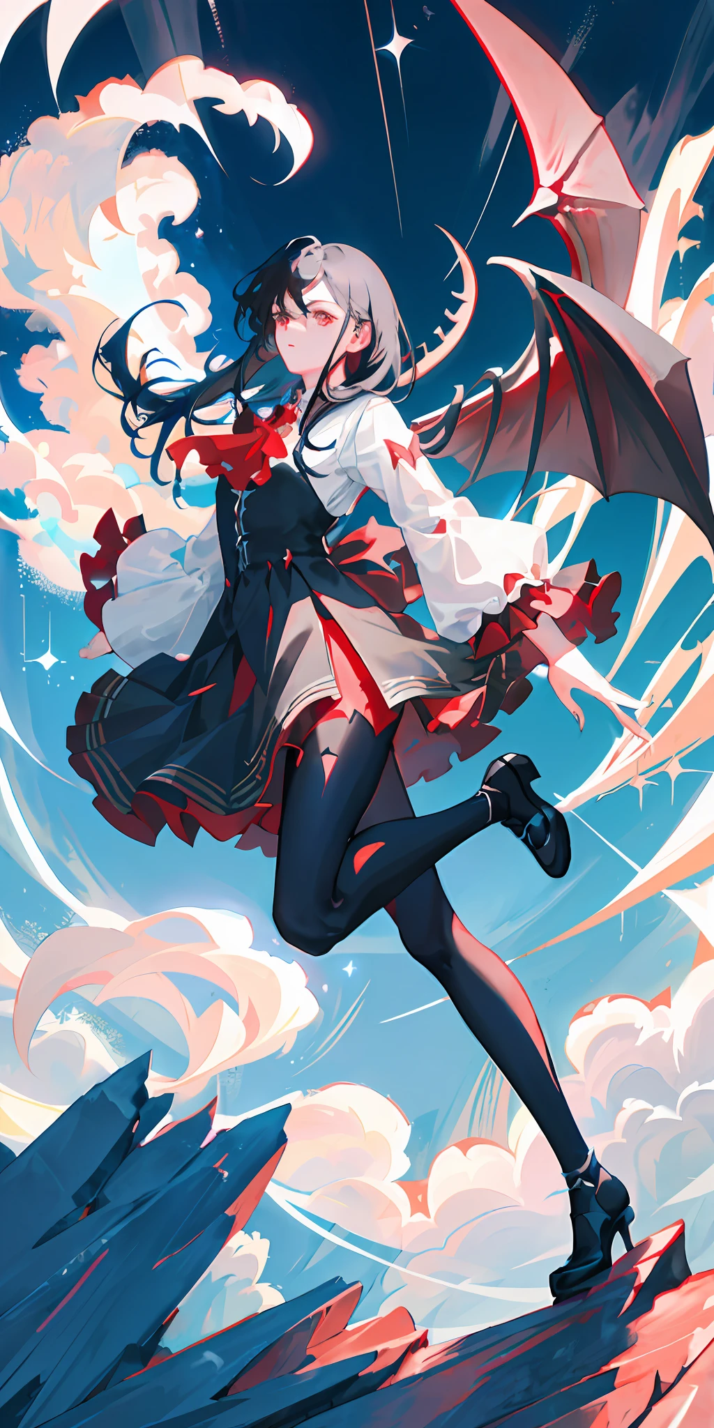 delicate and beautiful CG artwork),(best quality, ultra-detailed, high resolution),(dynamic angle, dynamic lighting),(1 character),(long blue black hair), red eyes, beautiful face),(black transparent stocking),(devil) (long sideburns), clouds, stars,