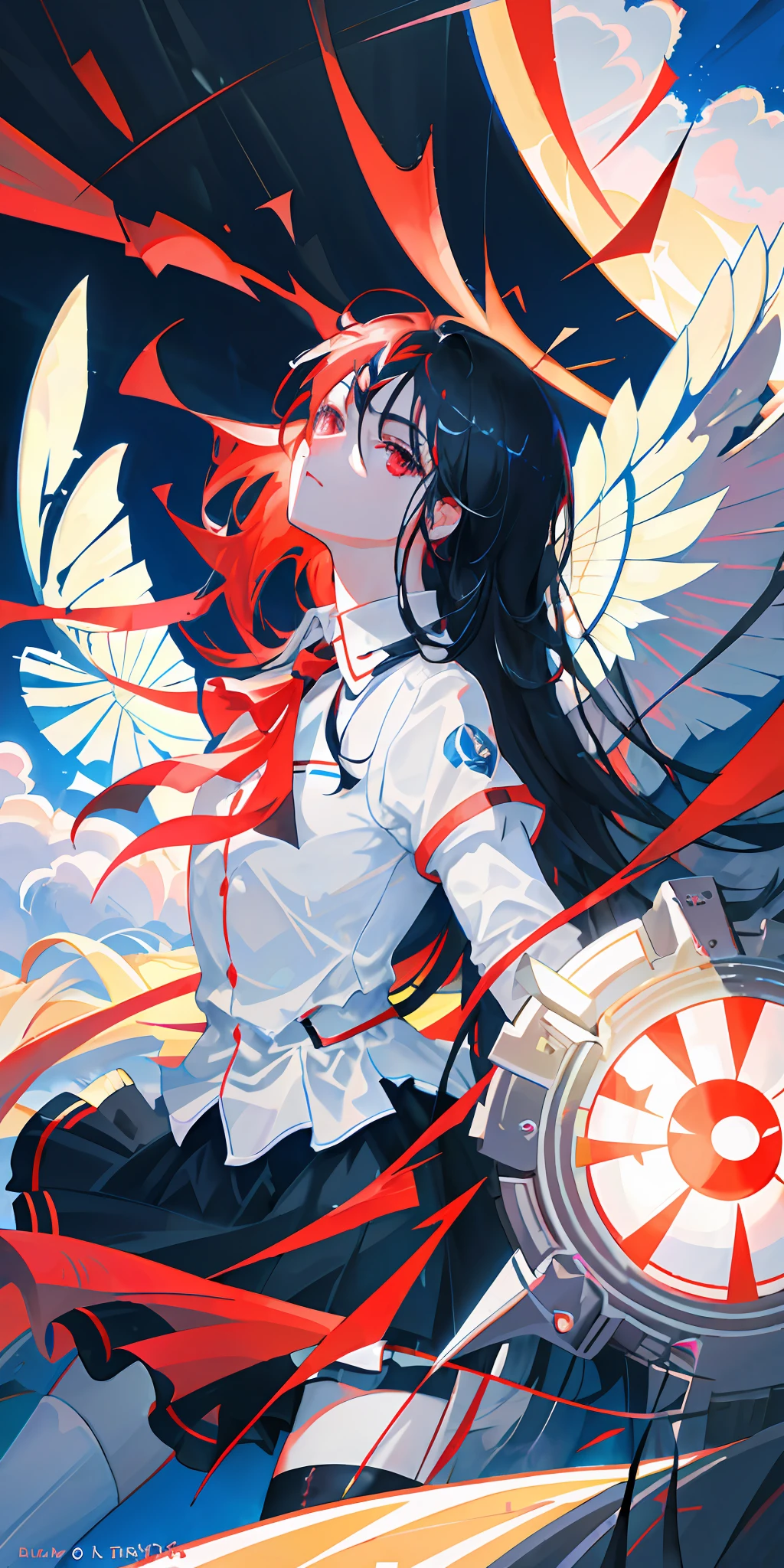 delicate and beautiful CG artwork),(best quality, ultra-detailed, high resolution),(dynamic angle, dynamic lighting),(1 character),(long blue black hair), red eyes, beautiful face),(black transparent stocking),(devil) (long sideburns), clouds, stars,