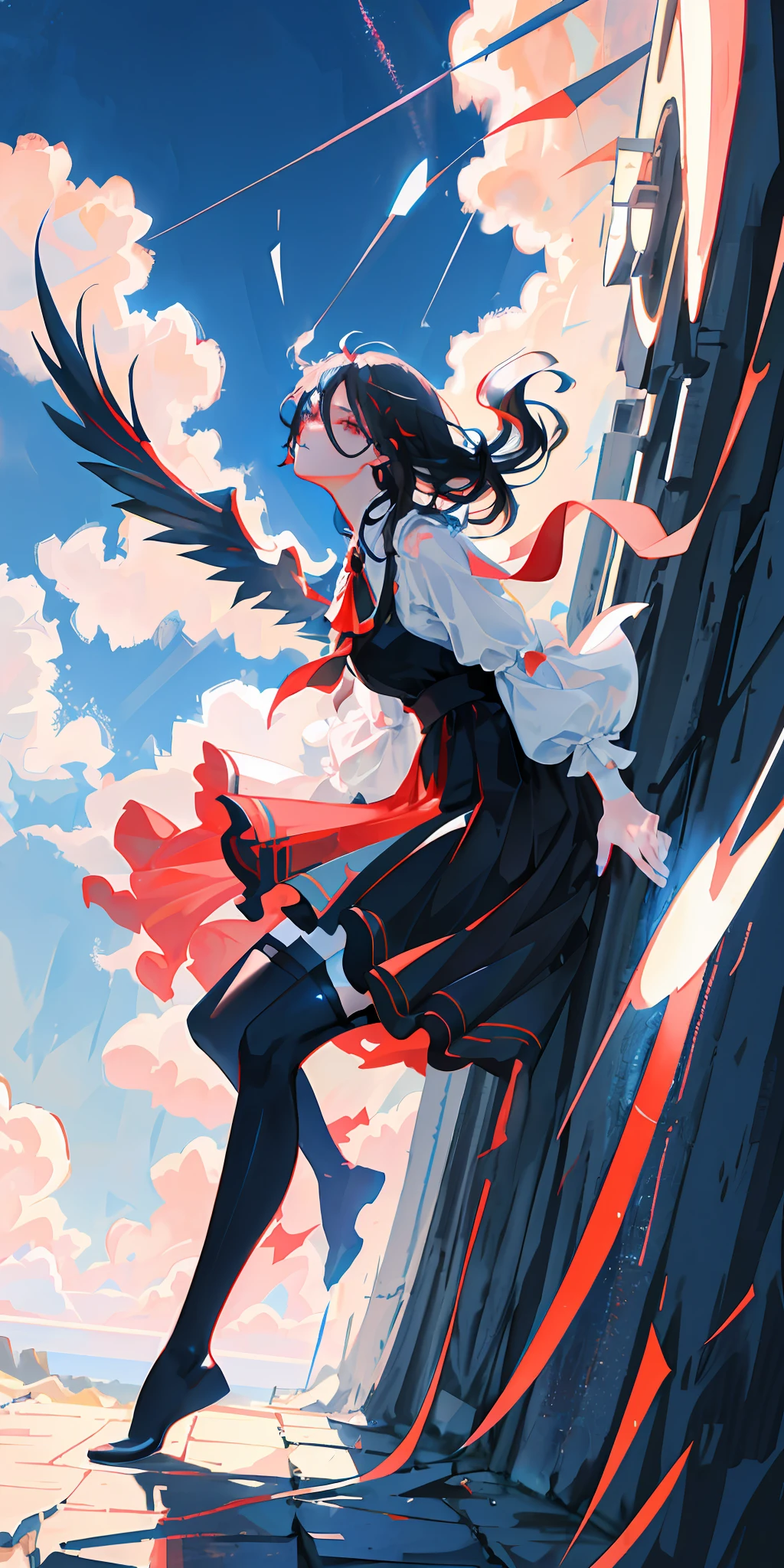 delicate and beautiful CG artwork),(best quality, ultra-detailed, high resolution),(dynamic angle, dynamic lighting),(1 character),(long blue black hair), red eyes, beautiful face),(black transparent stocking),(devil) (long sideburns), clouds, stars,