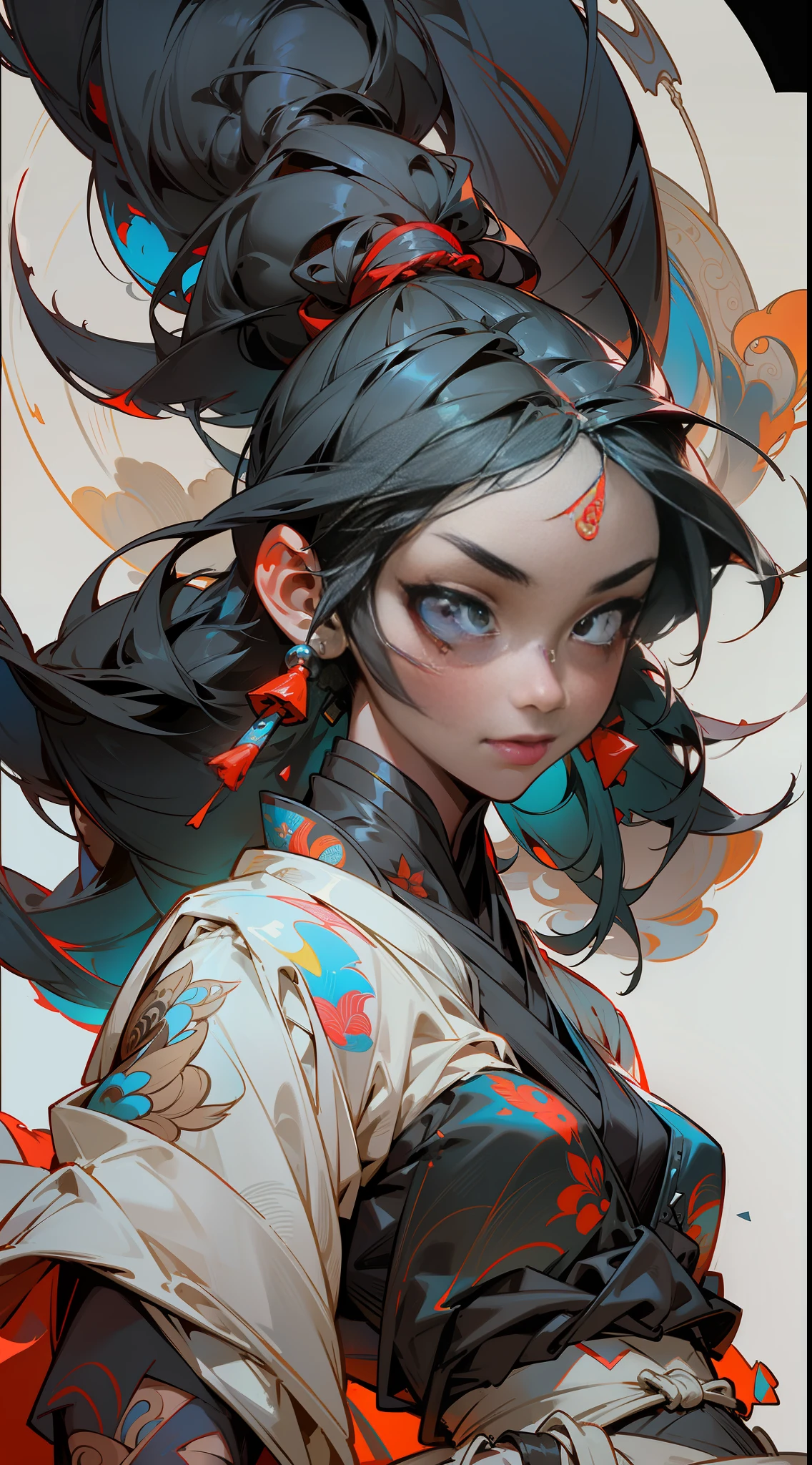 wuxia,vector art,1black woman with tattoos,black hair,white clothes,super colorful,luminous colorization,sharp, cinematic,dof,35mm,pintura luminosa,masterpiece, best quality,