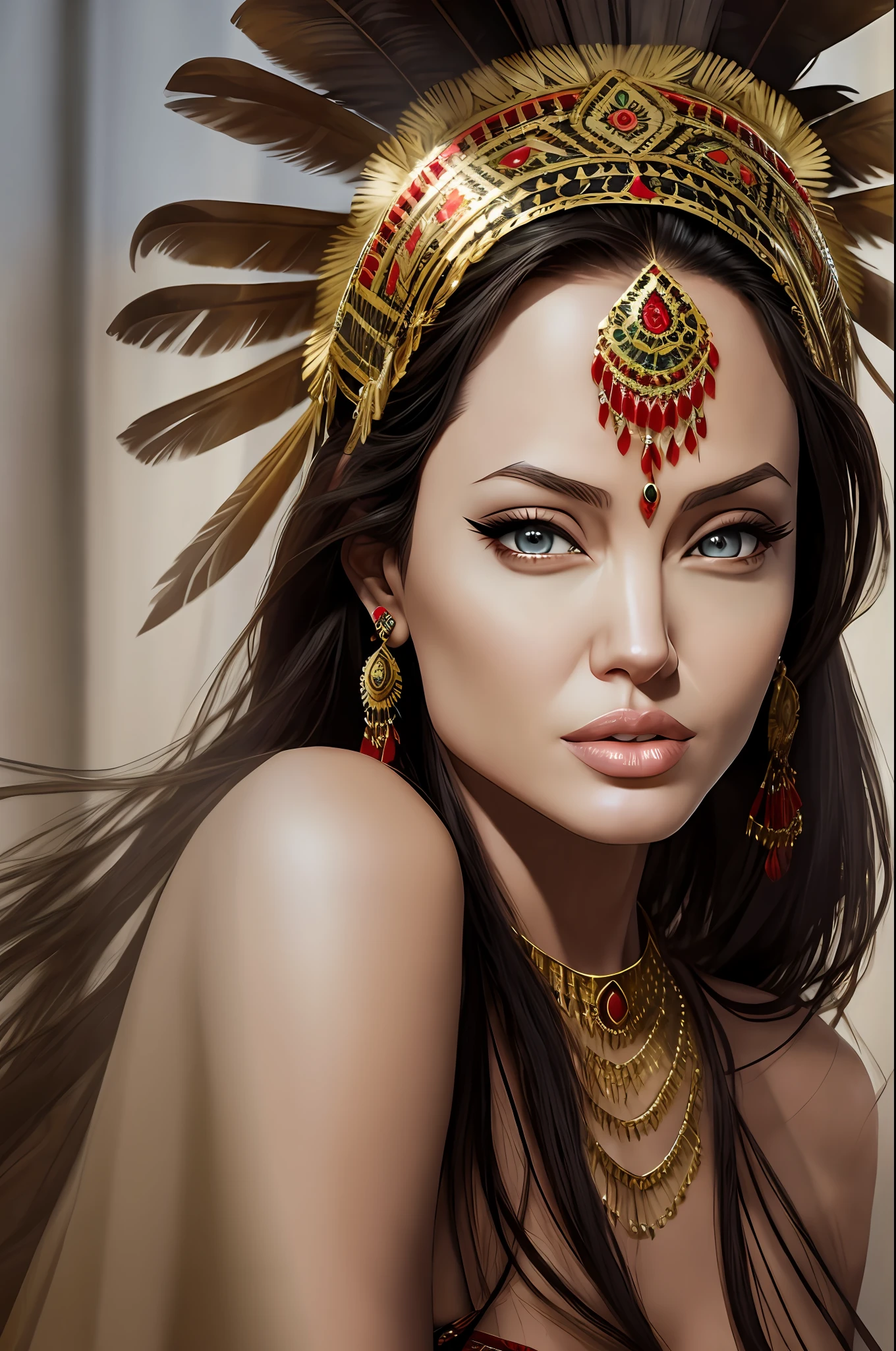 Angelina Jolie with realistic Indian headdress best shadow best cinematic lighting high resolution --auto --s2