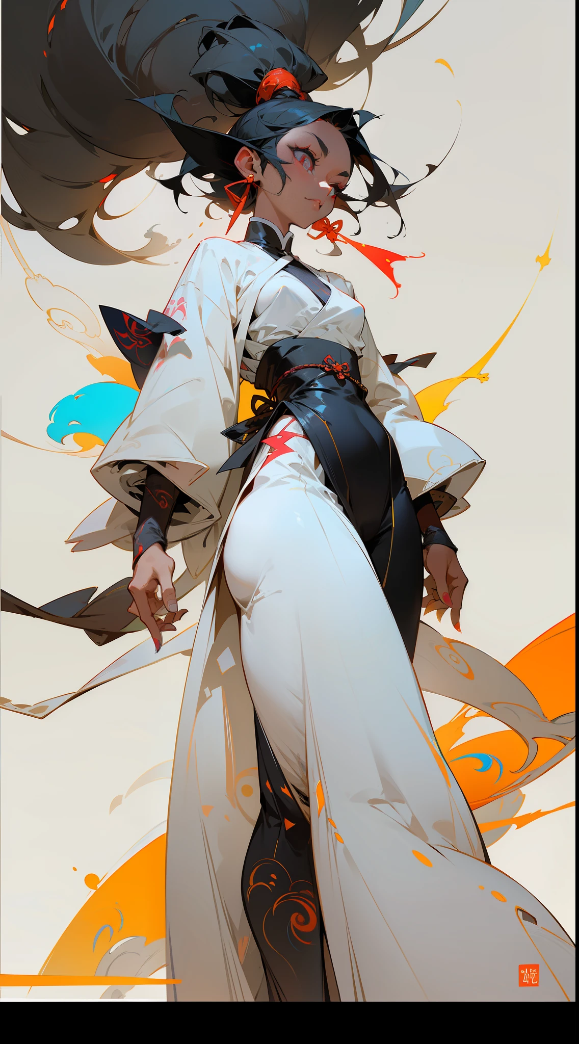wuxia,vector art,1black woman with tattoos,black hair,white clothes,super colorful,luminous colorization,sharp, cinematic,dof,35mm,pintura luminosa,masterpiece, best quality,