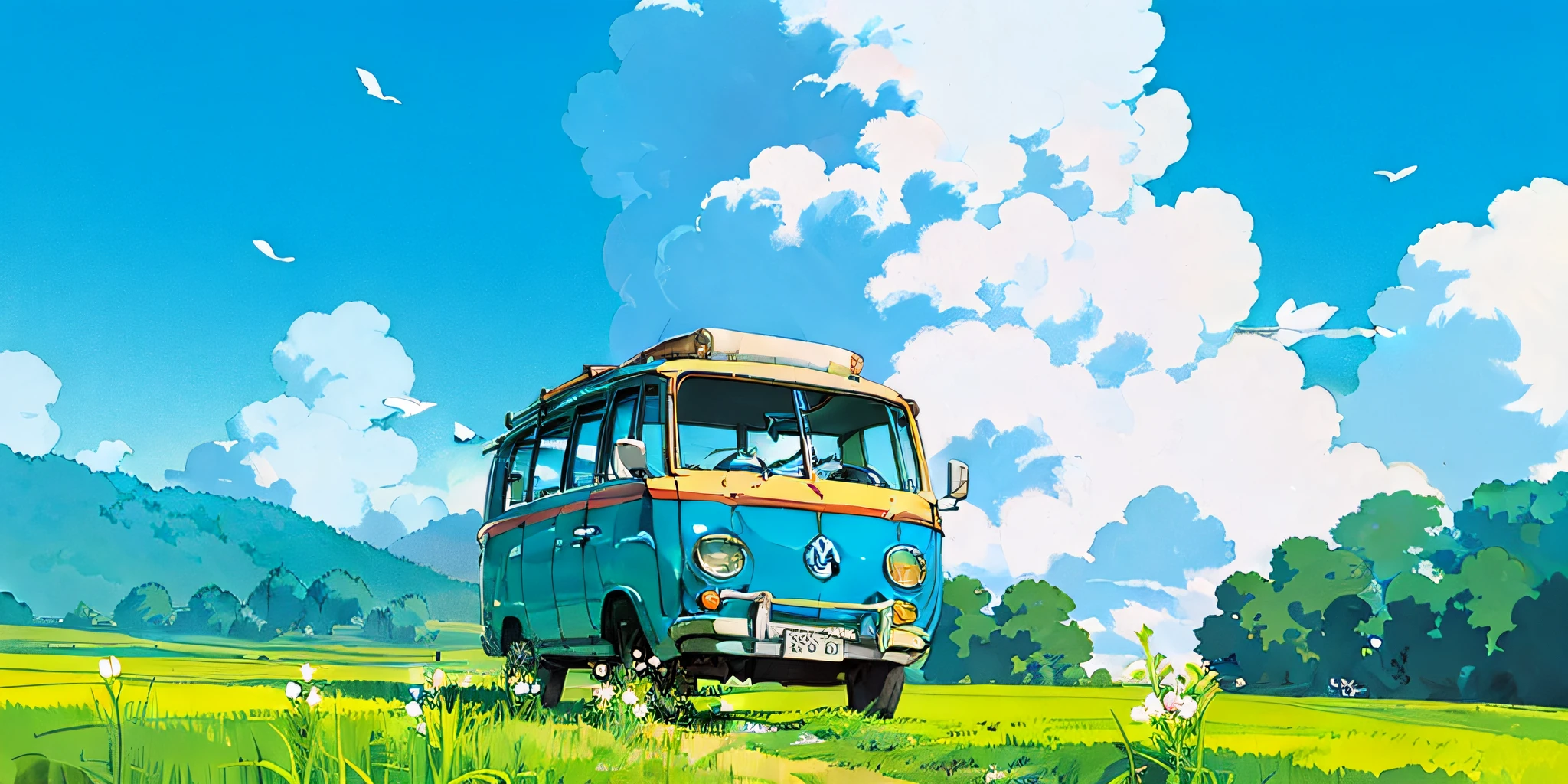 (((best quality)))), Realistic, authentic, beautiful and amazing landscape with a Volkswagen Kombi on the road oil painting Studio Ghibli Hayao Miyazaki pasture petals with blue sky and white clouds --v6