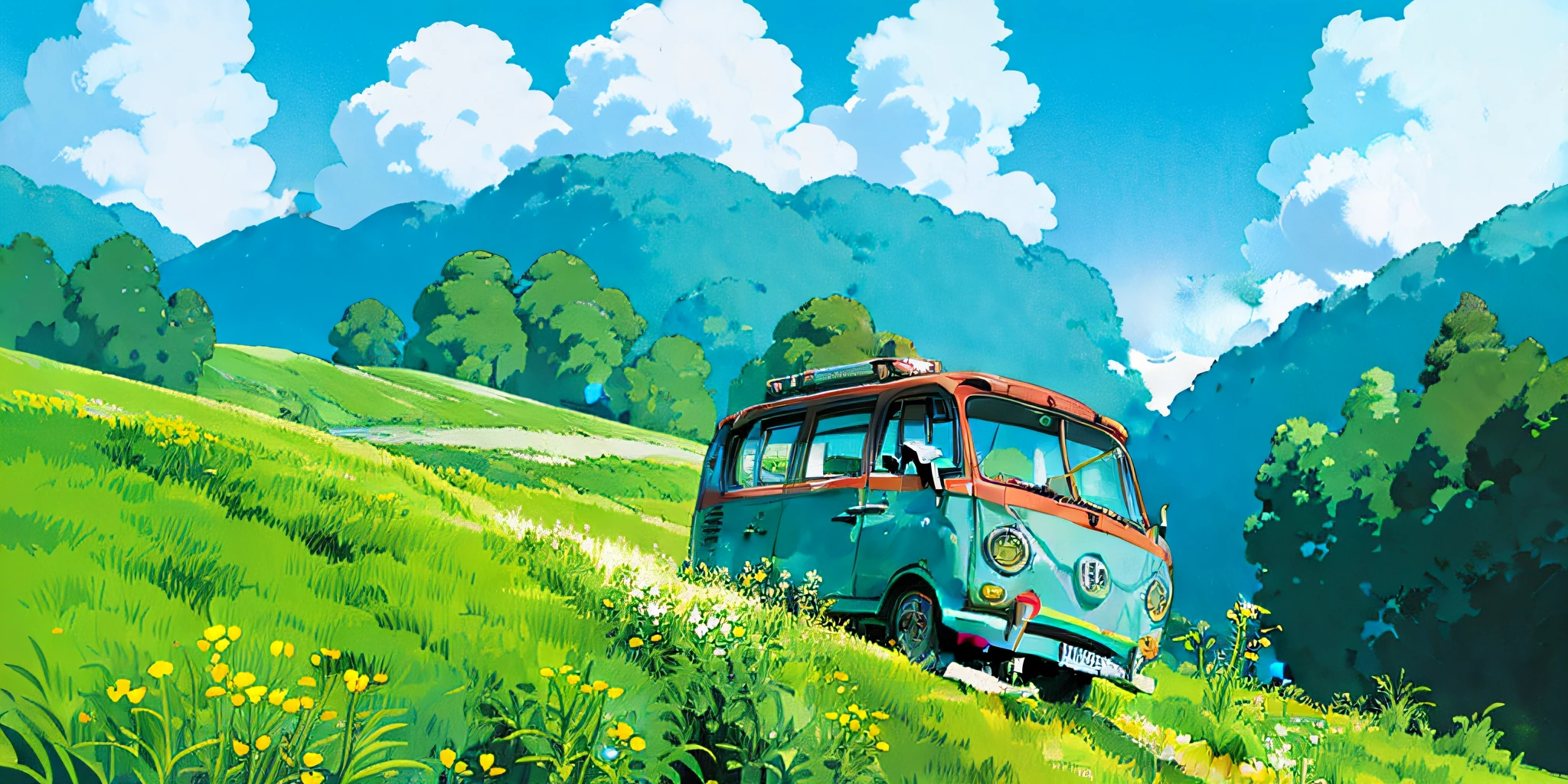 (((best quality)))), Realistic, authentic, beautiful and amazing landscape with a Volkswagen Kombi on the road oil painting Studio Ghibli Hayao Miyazaki pasture petals with blue sky and white clouds --v6