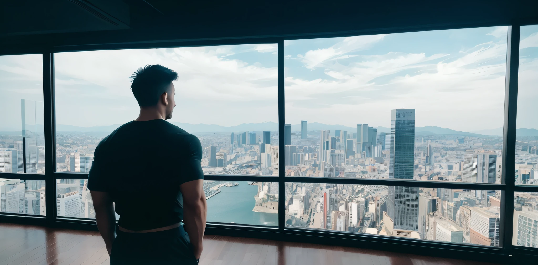 A man with a bare back with a black dragon tattoo, he is wearing sweatpants, standing in front of a huge floor-to-ceiling window, back view, looking down at the buildings of Tokyo, everything is covered in movies, rich details, panoramic perspective, depth of field blur, texture of the movie, epic feeling, kodak film, scratches and scratches, backlight, AR 16: 9, 8 K,