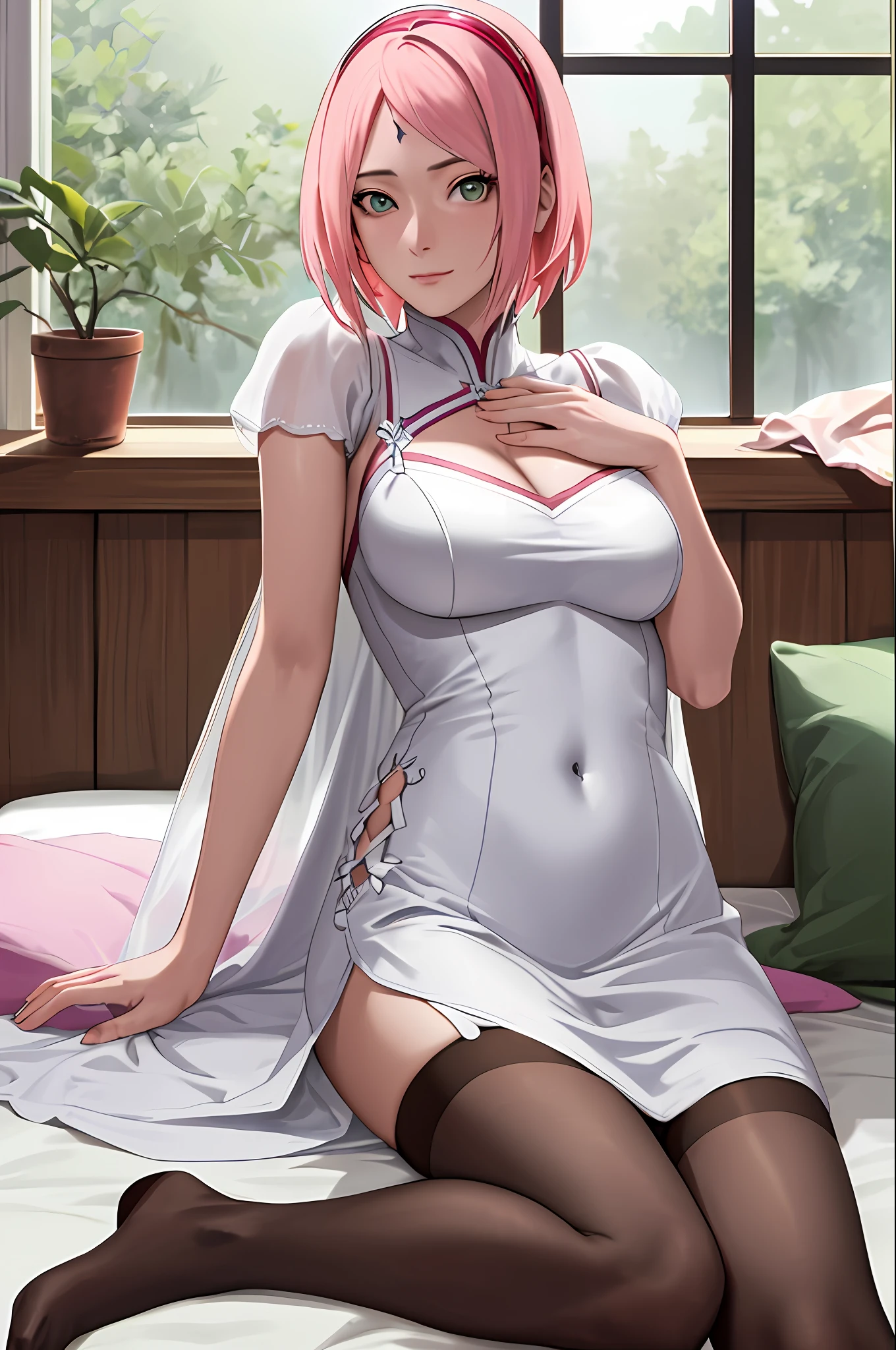masterpiece, (intricate details), (colorful), cinematic lighting, bust shot, extremely detailed CG unity 8k wallpaper, solo, 1girl, haruno sakura, forehead mark, red hairband, sexy pose, hand on chest, cleavage, navel, looking at viewer, medium breasts, bed, indoor, window, pillow, sitting, white long night dress, long dress, ((black stocking)),