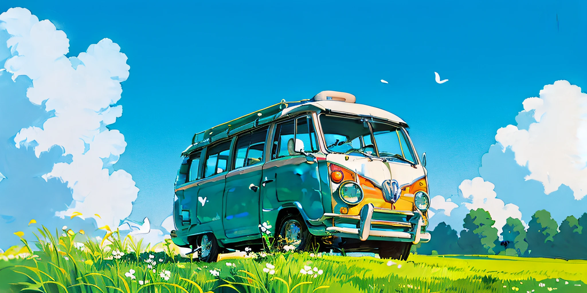 (((best quality)))), Realistic, authentic, beautiful and amazing landscape with a Volkswagen Kombi on the road oil painting Studio Ghibli Hayao Miyazaki pasture petals with blue sky and white clouds --v6