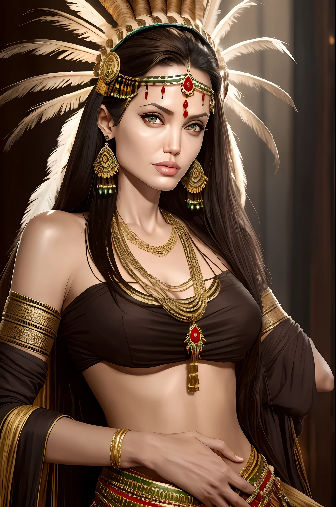 Angelina Jolie with realistic Indian headdress best shadow best cinematic lighting high resolution --auto --s2