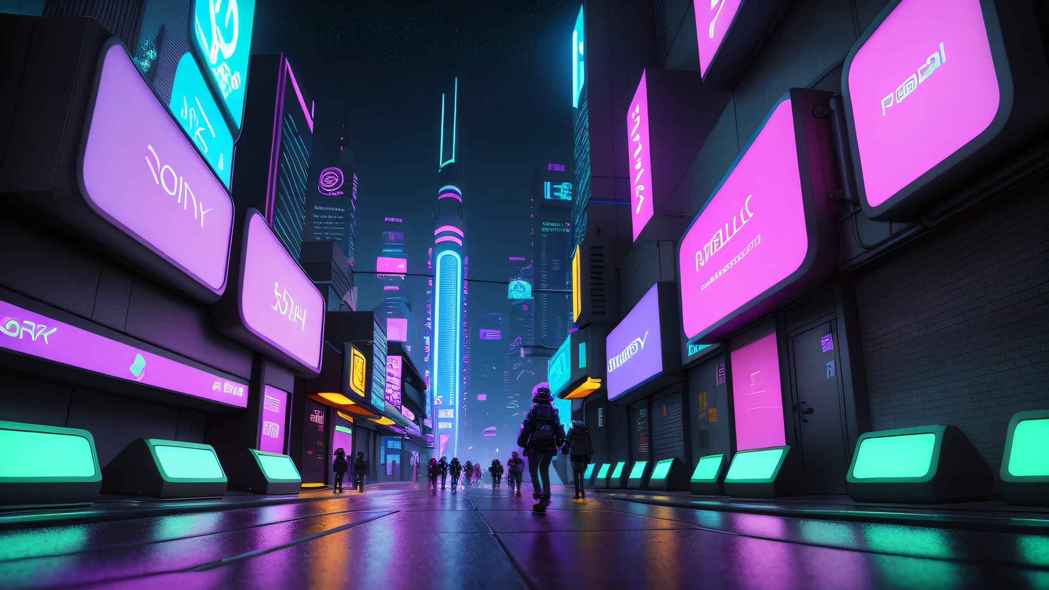 futuristic city street with neon lights and people walking on the sidewalk, futuristic street, futuristic city street, in a futuristic cyberpunk city, cyberpunk city street, busy cyberpunk metropolis, cyberpunk street, in cyberpunk city, sci-fi cyberpunk city street, hyper realistic cyberpunk city, cyberpunk city, cyberpunk cityscape, futuristic cyberpunk city, cyberpunk city street background, cyberpunk in a cyberpunk city, high detail, Hyperrealism, Pixar, cinematic lighting, depth of field, glowing light, backlighting, reflection light, ray tracing, film grain, Sony FE, super detail, masterpiece, high quality, 8k, best quality