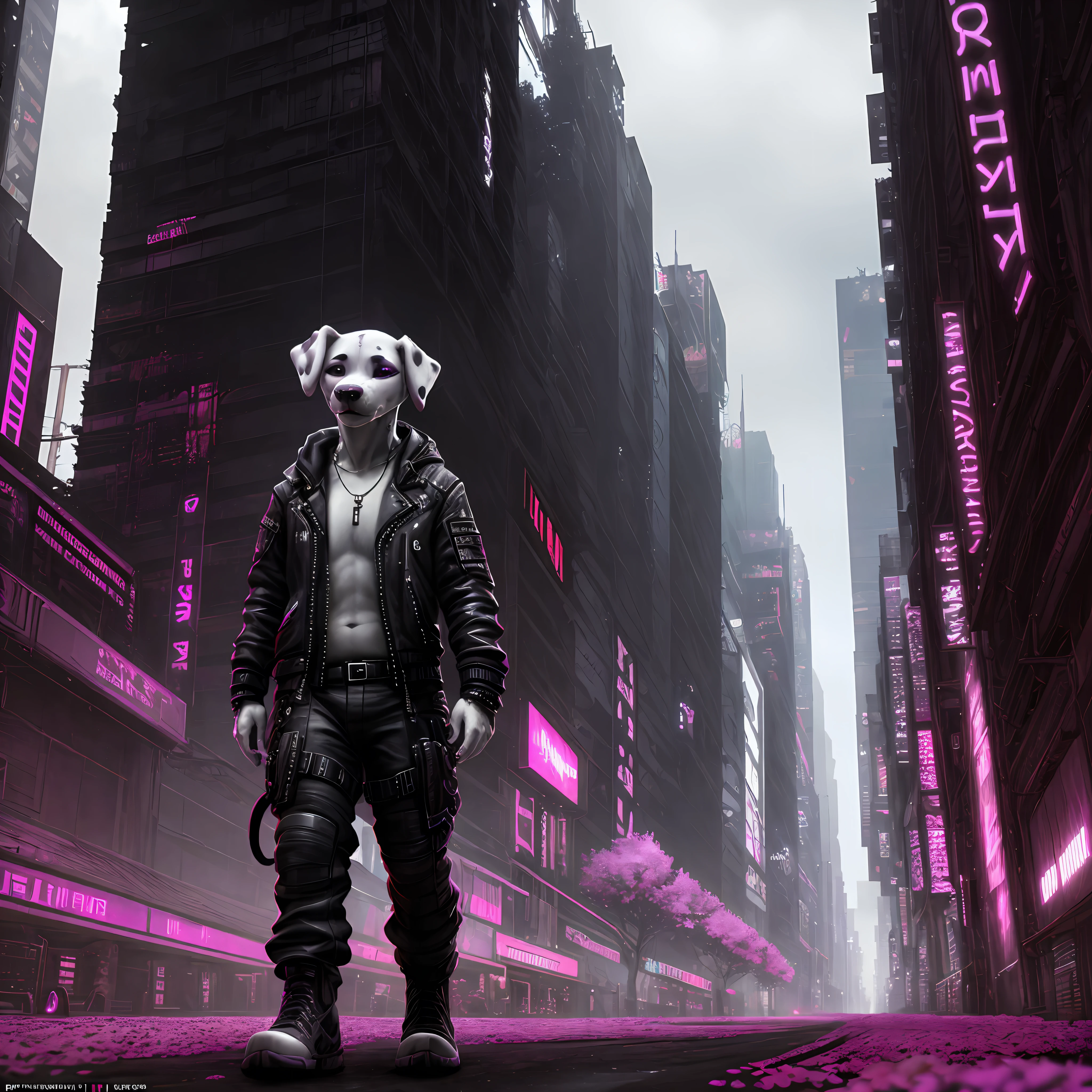 detailed background cyberpunk, masterpiece, detailed, colors (black and white:1.2) and violet, scene, portrait, ultra wide angle, Dalmatian,
cgi, photorealistic, high detail, realistic, masterpiece, absurdres, best quality, HDR, high quality, high-definition, extremely detailed, 8k wallpaper, intricate details, 8K uhd, Full-HD, (realistic photo:1.2), harsh lighting, cinematic lighting, natural lighting, hard light, violet lighting, global illumination, ambient occlusion, depth of field, Field of View, lens flare, bloom, stunning environment