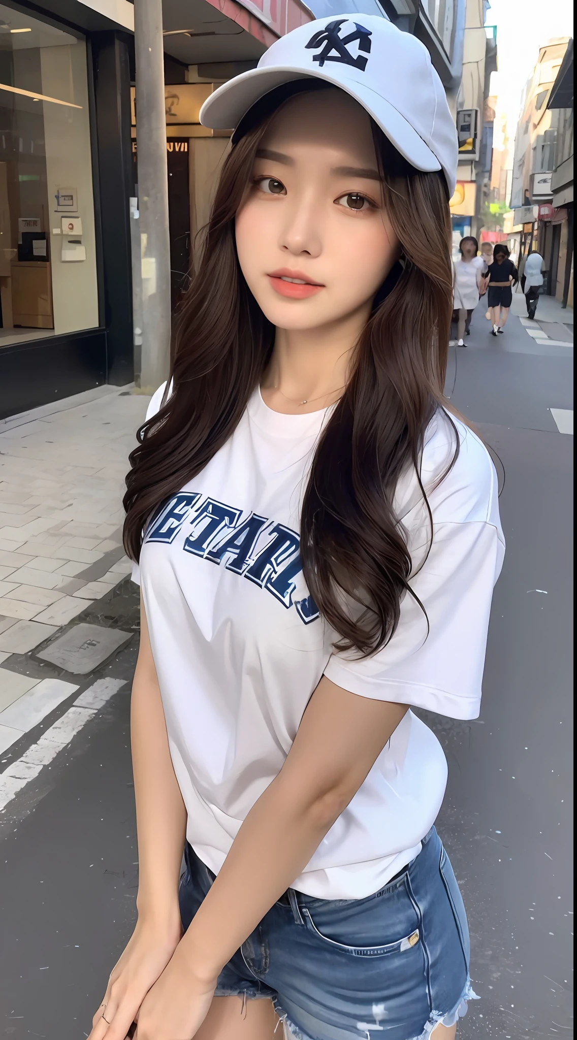 ((Best Quality, 8K, Masterpiece: 1.3)), (Baseball Cap: 1.3), Focus: 1.2, Perfect Body Beauty: 1.4, Buttocks: 1.2, (Layered Haircut: 1.2)), , (Dark Street: 1.3), Highly Detailed Face and Skin Texture, Full Body, Delicate Eyes, Double Eyelids, Whitened Skin, Long Hair, (Round Face: 1.5), (Short Sleeves, Shorts: 1.6)