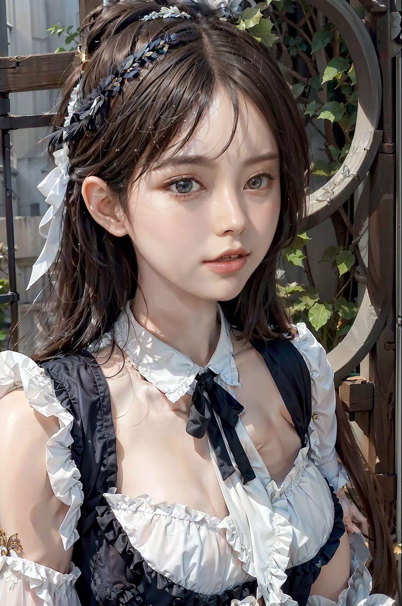 best quality, ultra hi res, photoreaslistic, a photography of a beautiful woman, 26yo teen age, detailed face, black Feathered layers, (detailed porcelain doll,delicate clothes with a lot of frills and ribbons), Bridge, (face close up), seductive look, looking at viewer