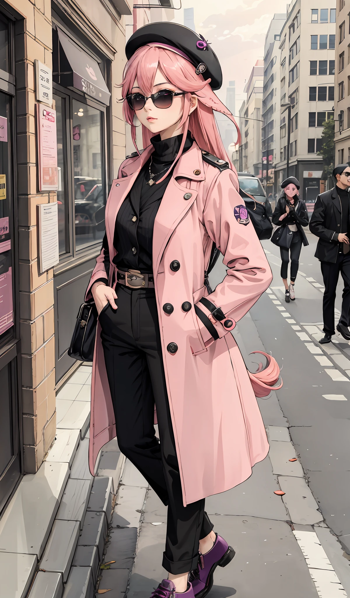 4k, realistic, high detailed, super eyes detailed, 1girl fashion clothes, pink trenchcoat, french beret, black pants with belt, long hair, in the city, pink hair, purple eyes, yae miko, wearing trendy sunglasses, two hands in pockets