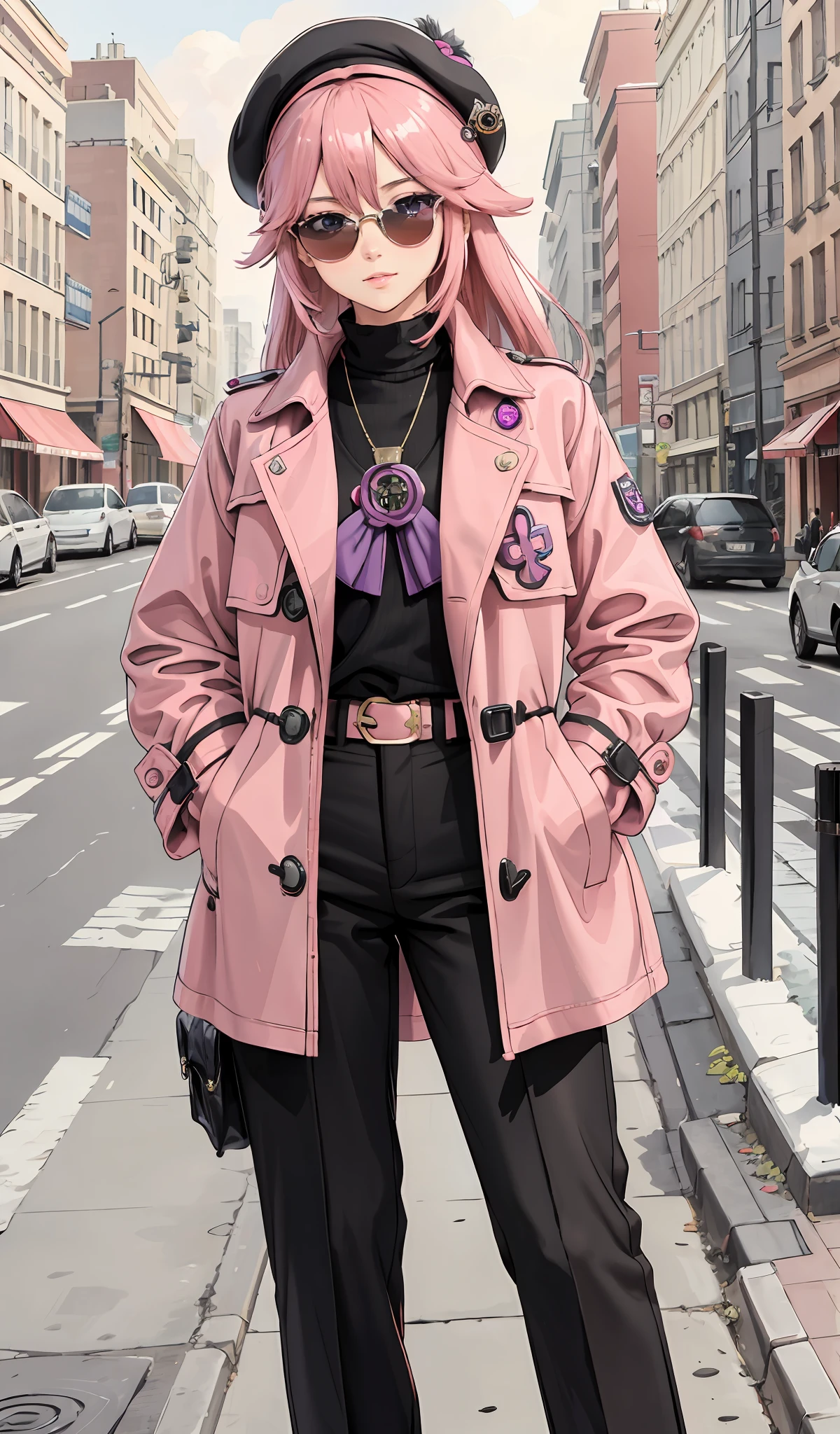 4k, realistic, high detailed, super eyes detailed, 1girl fashion clothes, pink trenchcoat, french beret, black pants with belt, long hair, in the city, pink hair, purple eyes, yae miko, wearing trendy sunglasses, two hands in pockets